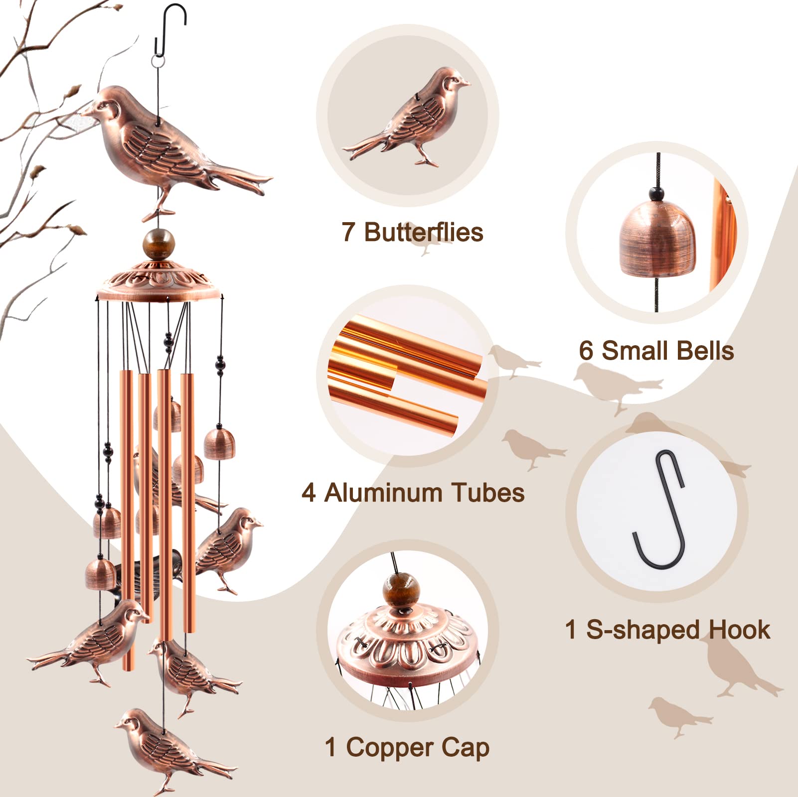 Wind Chimes Outdoor Clearance, Ukulork Birds Aluminum Tube Windchime with S Hook,Patio Garden Decor, Housewarming Gift.