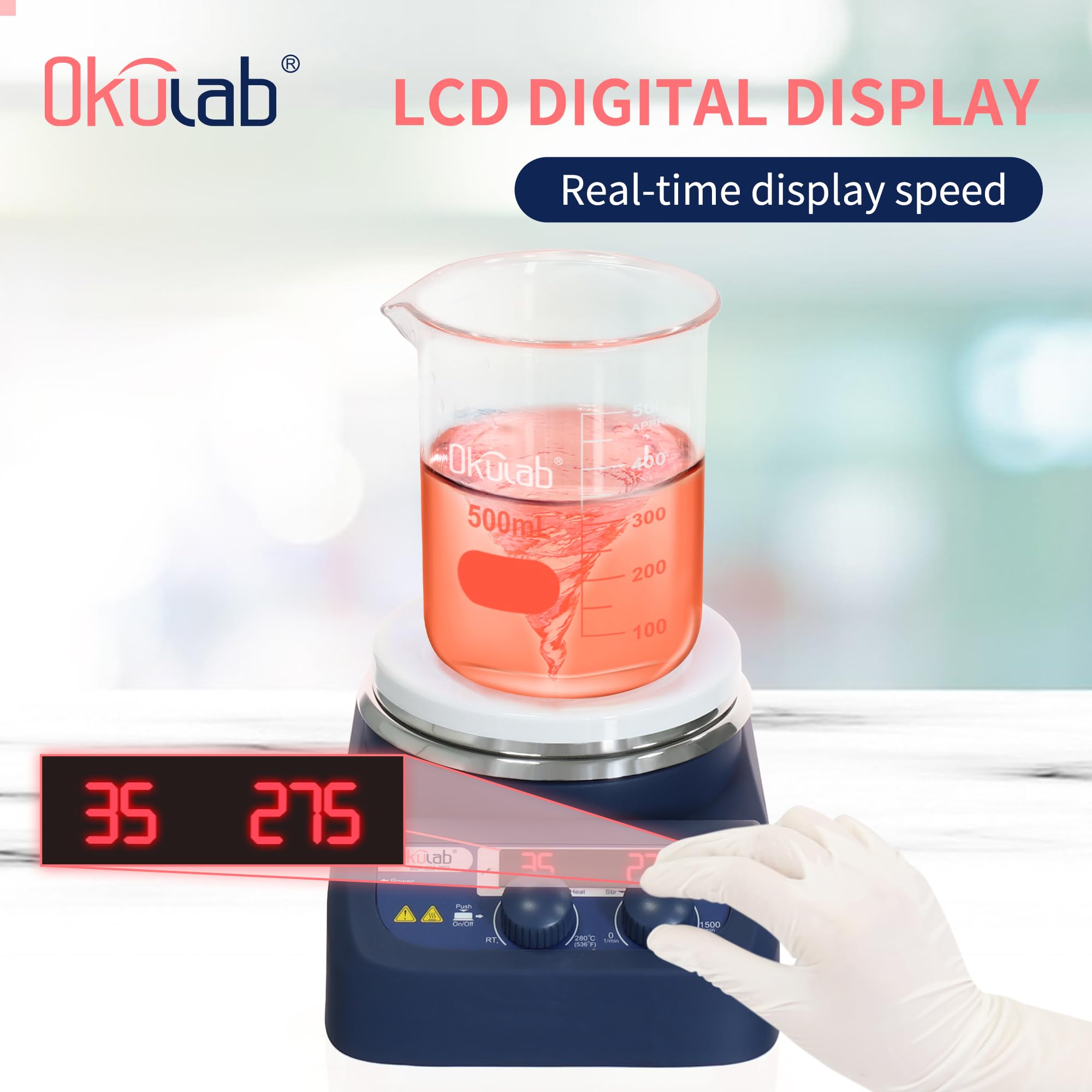 MSHP1A1 - Agitador magnético digital LED de 5 pulgadas con placa de trabajo de acero inoxidable recubierta de cerámica, 200-1500 rpm, 110 V, sensor de sonda de temperatura y soporte y barra de