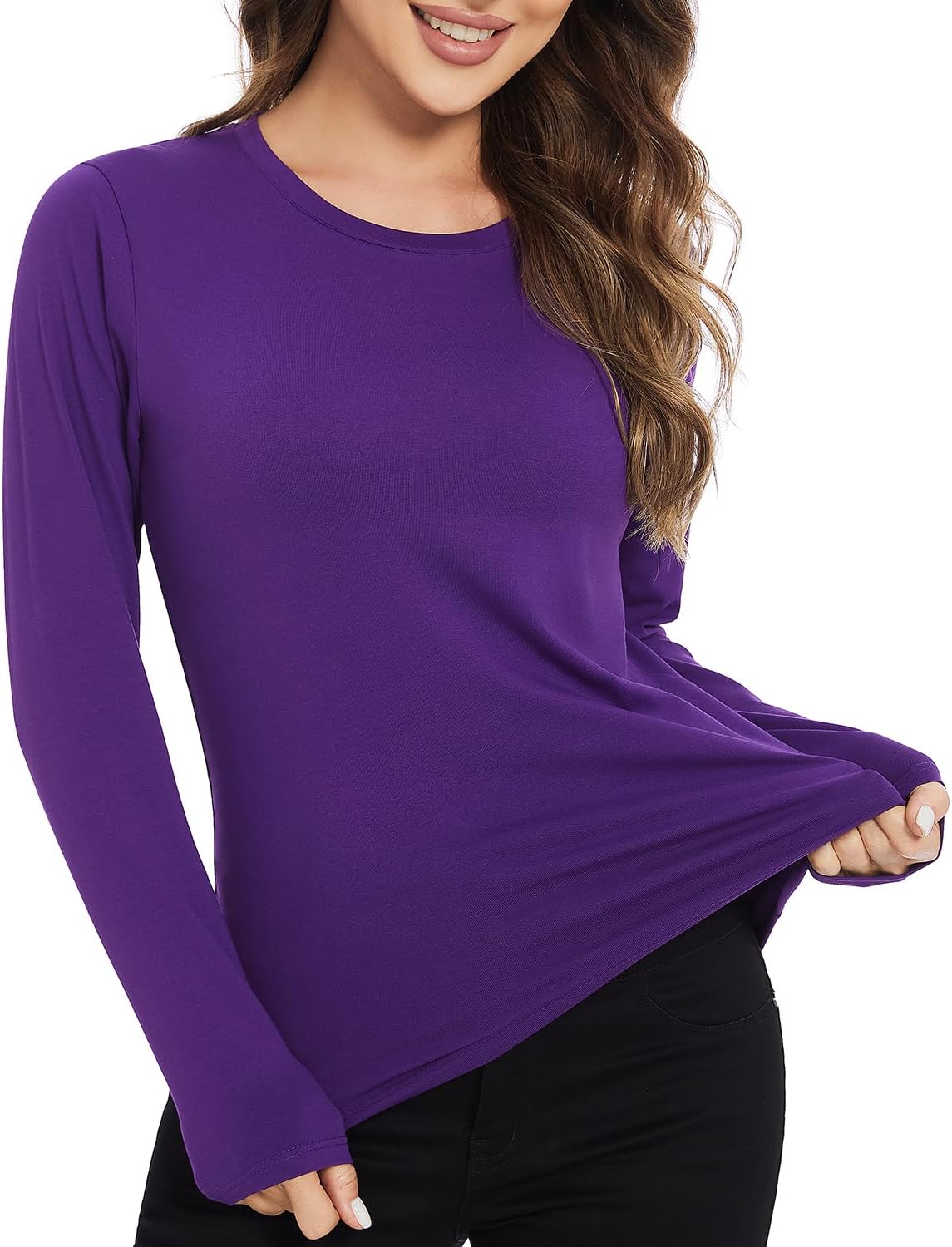 Xelky Womens Cotton Long Sleeve Shirts Workout Round Neck Casual Tops T-Shirt Plain Basic Soild Tee 3 Pack - Image 2