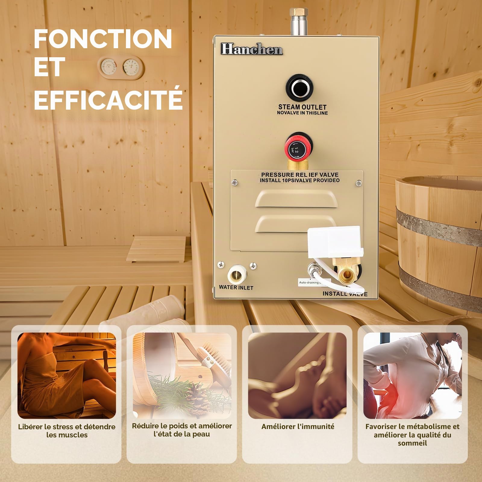Hanchen 9KW Générateur de Vapeur pour Sauna Douche Turque 7,5 m³ Température réglable 35-55 °C Minuteur 10min-12h 380V