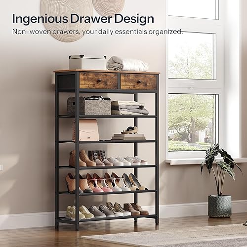 Vista 3 de HOOBRO Zapatero, organizador de almacenamiento de zapatos de 6 niveles con 2 cajones no tejidos, 15-20 pares de zapatos para entrada, estante