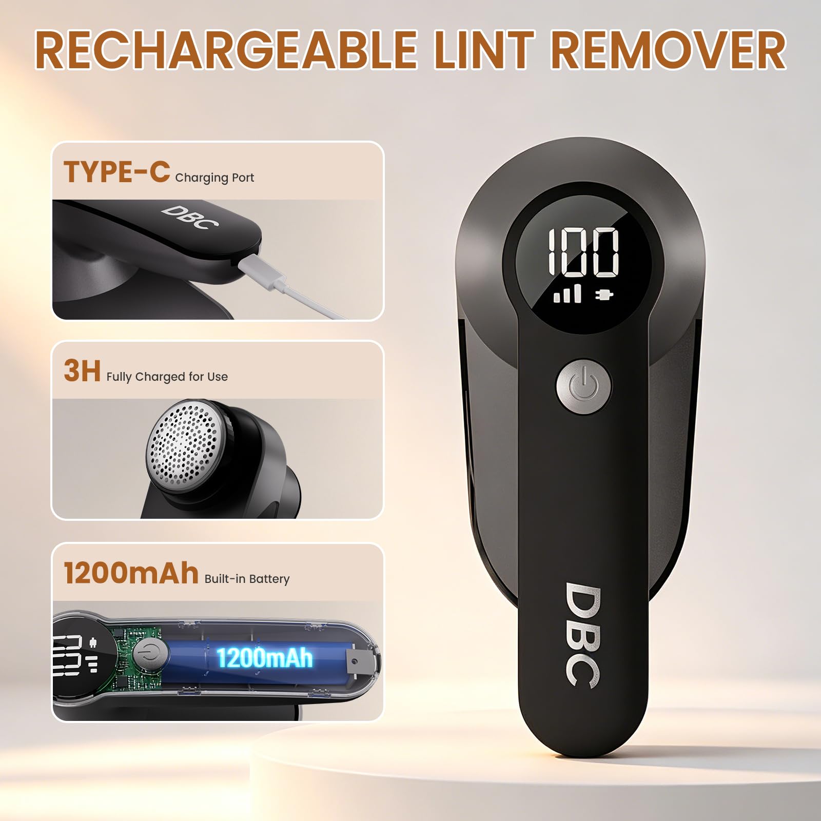 DBC Afeitadora de Tela con Motor Potente de 15000r/min, Pantalla LED, 3 velocidades, Cuchillas de 6 Hojas, removedor de Pelusa Grande para Ropa, Bola de Pelusa, Muebles, Pelusas - Negro y Plateado