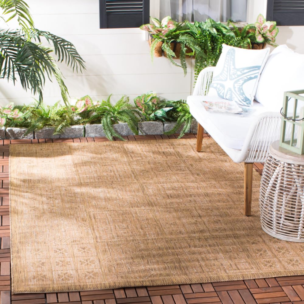 SAFAVIEH Washable Rug Outdoor Courtyard Collection - 4' x 5'7", Gold & Natural, Non-Shedding & Easy Cleaning, Ideal for Patio, Backyard, Mudroom (