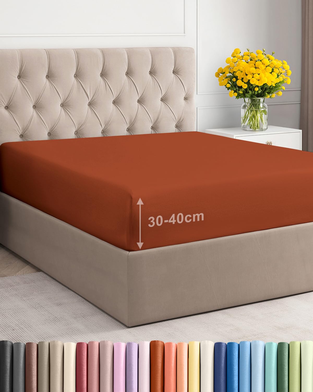 Fitted Sheet King 150x200cm, Terracotta - Extra Deep Pocket 40cm (16") - Non Iron Soft Brushed Microfibre - Machine Washable - Fade & Shrink Resistant - OEKO-TEX - Breathable - Easy Care - Divan Bed