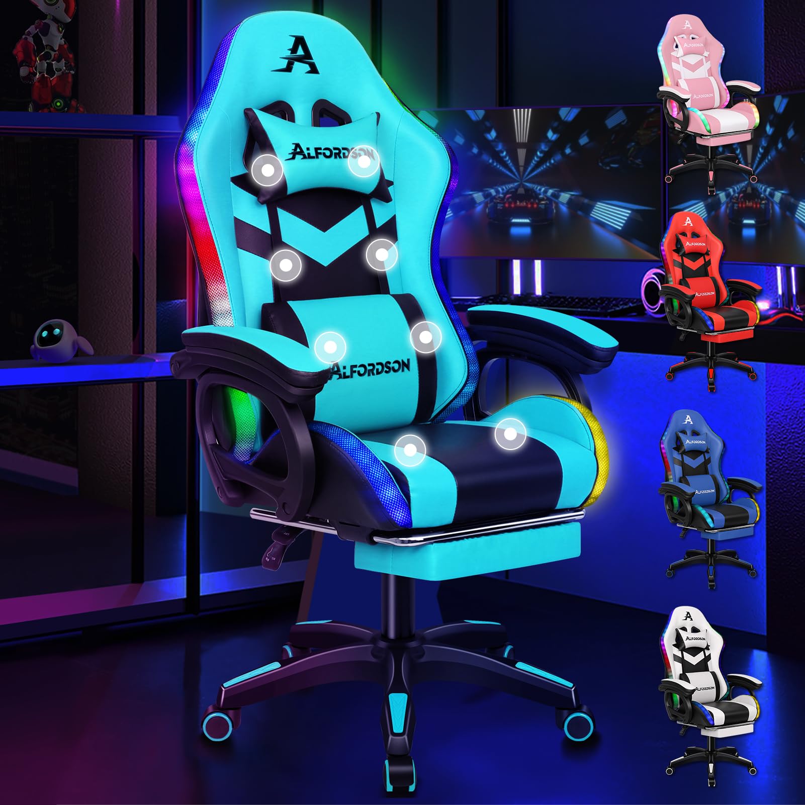 ALFORDSON Gamingstoel met 8-punts massage, 12 kleuren RGB LED-verlichting, ergonomische bureaustoel met voetensteun, hoofdsteun en lendensteun voor kinderen en volwassenen, PU-leer, cyaan