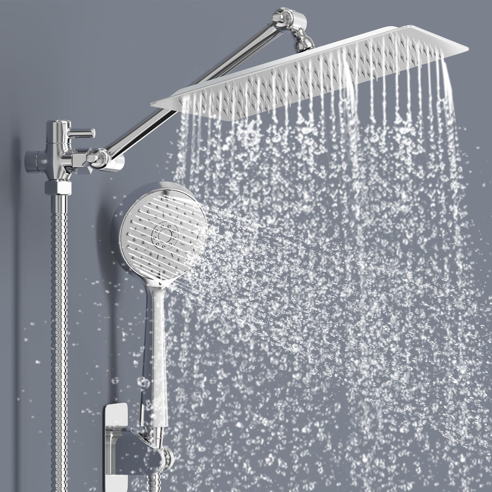 Soffione doccia 5 in 1, soffione doccia a pioggia da 25,4 cm con combinazione spray portatile, soffione doccia ad alta pressione a 3 vie con braccio di estensione da 10,5 pollici, soffione