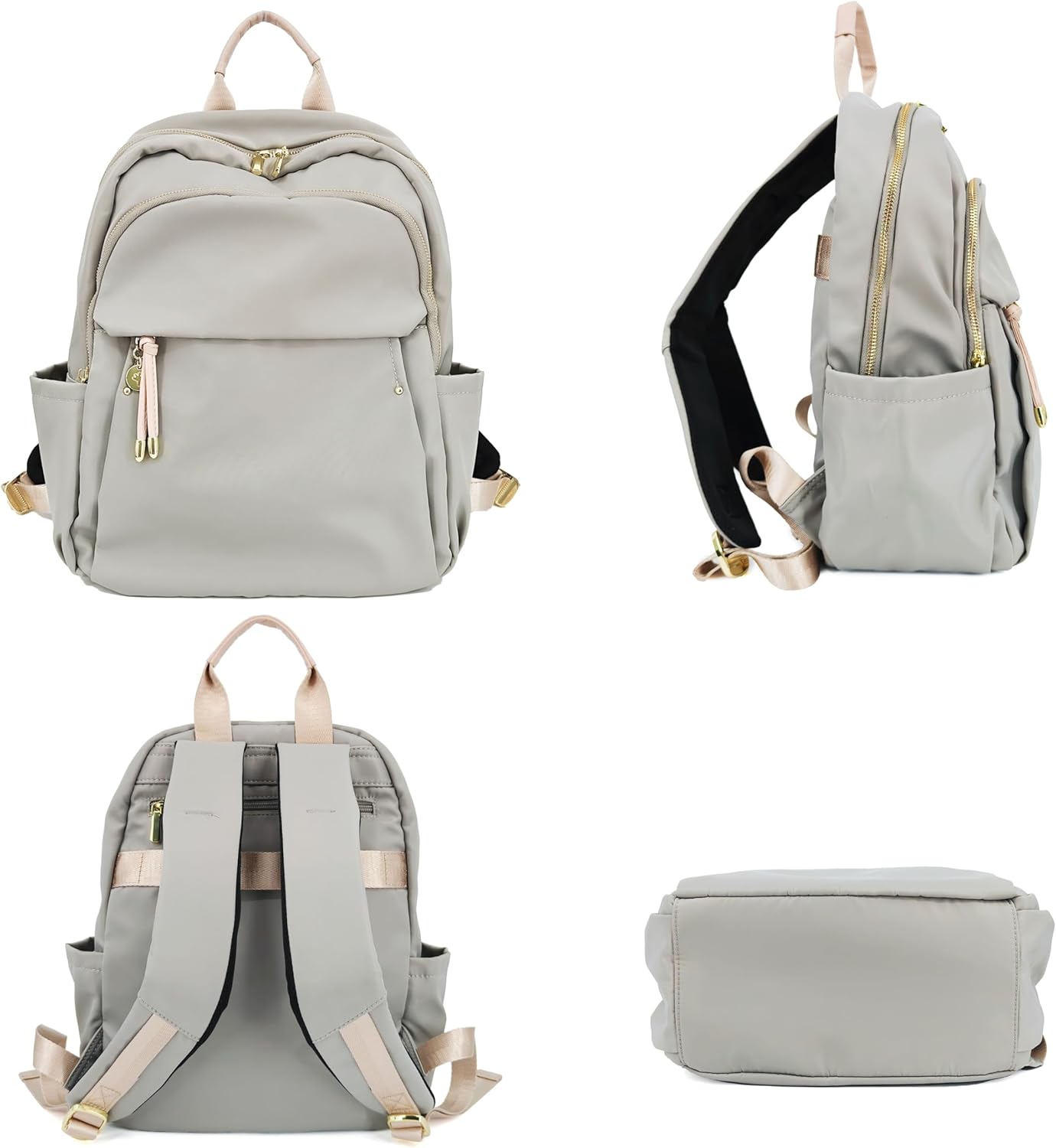 Medium Backpack Purse for Women, Fashion Nylon Daypack with Gold Hardware, Lightweight Water-Resistant Rucksack for College, Work, Travel, Everyday Use, Fits 13–14" Laptop (Gray Beige, Medium) - Image 3