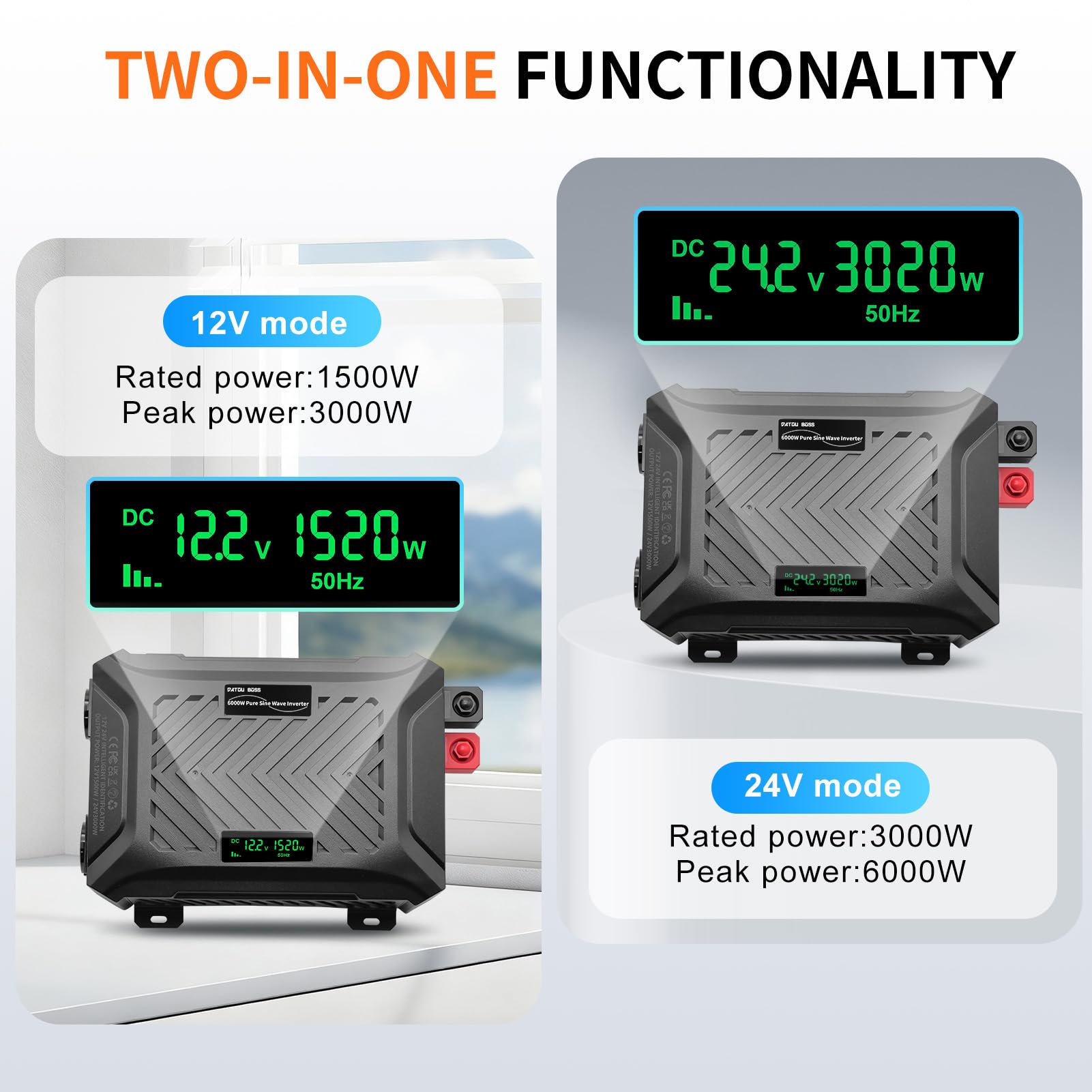 DATOUBOSS Wechselrichter 24V auf 230V 3000W/6000W, Spannungswandler 24V 3000W Reiner Sinus mit LCD-Anzeige 2 AC-Steckdosen 1 USB A und 1 Type C, für Wohnmobil Zuhause Off Grid