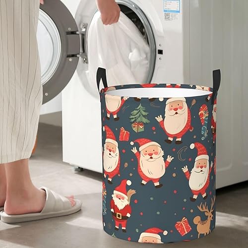 Miniatura 7 de Cesta circular con estampado navideño de Papá Noel, impermeable, cesta organizadora de lavandería, con asas, para ropa, juguetes, tamaño mediano