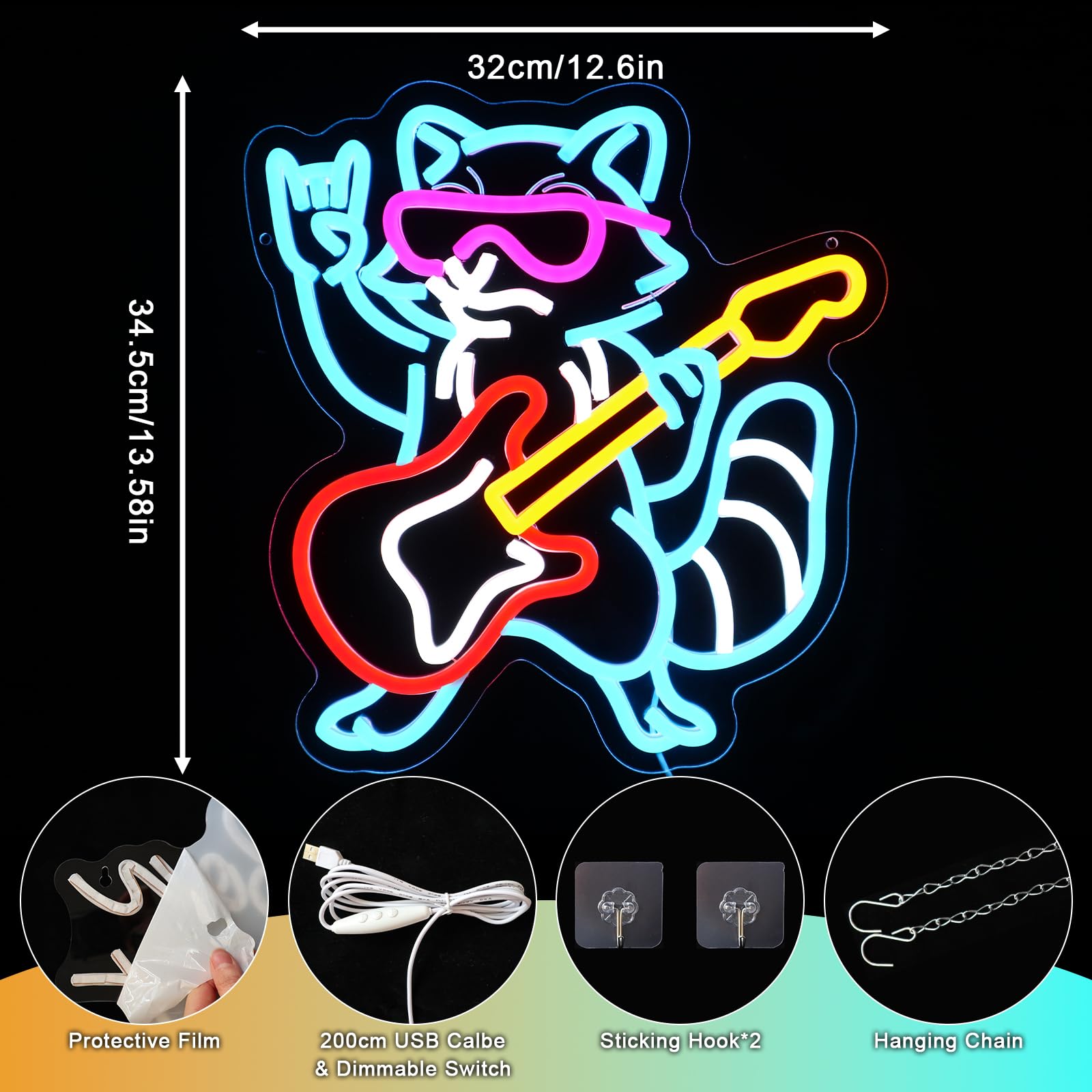 Waschbär Gitarre Neon Schild Rock Musik Led Neonschild Wand Lustig Neon Sign USB Led Schild für Spielzone Bar Live Musik Studio Büro Garage Schlafzimmer Zimmer Party Laden Geschenk