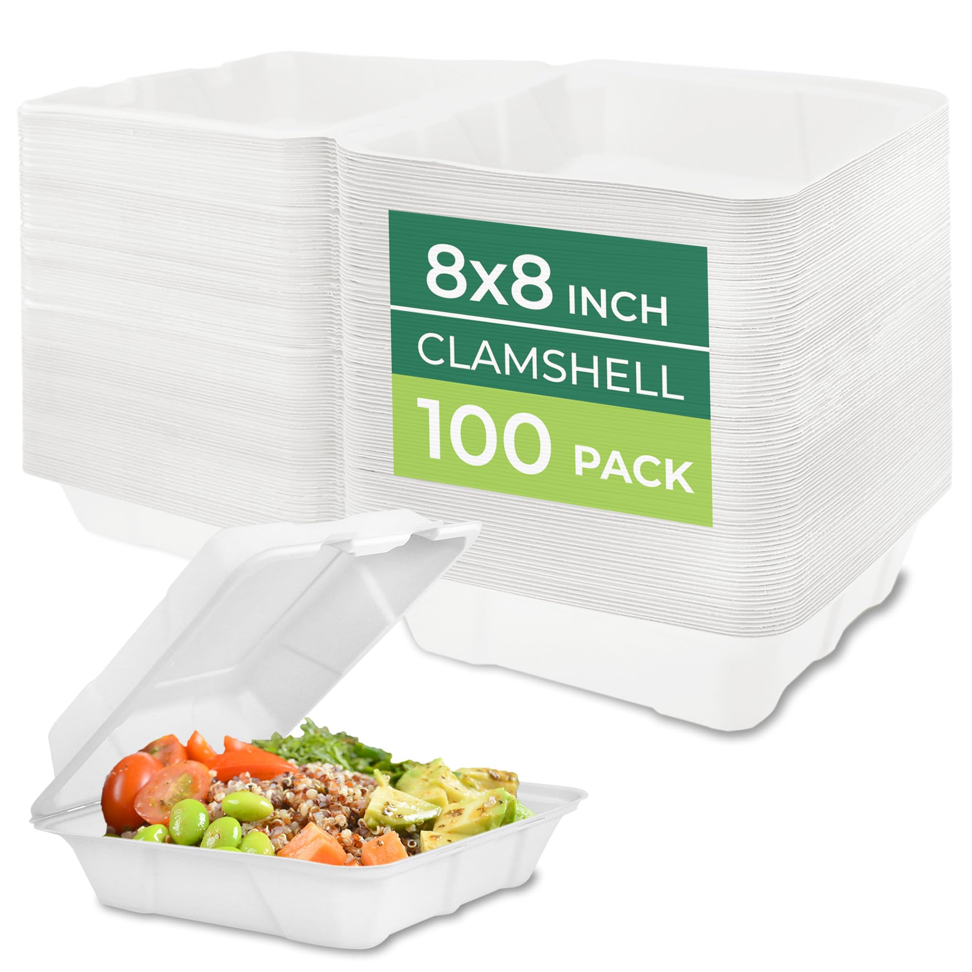 Freshware Clamshell Food Containers with Lids [8x8" 100-Pack] Disposable To Go Containers, Biodegradable Sugarcane To Go Boxes - Paper Container - Microwave &amp; Freezer Safe, Stackable