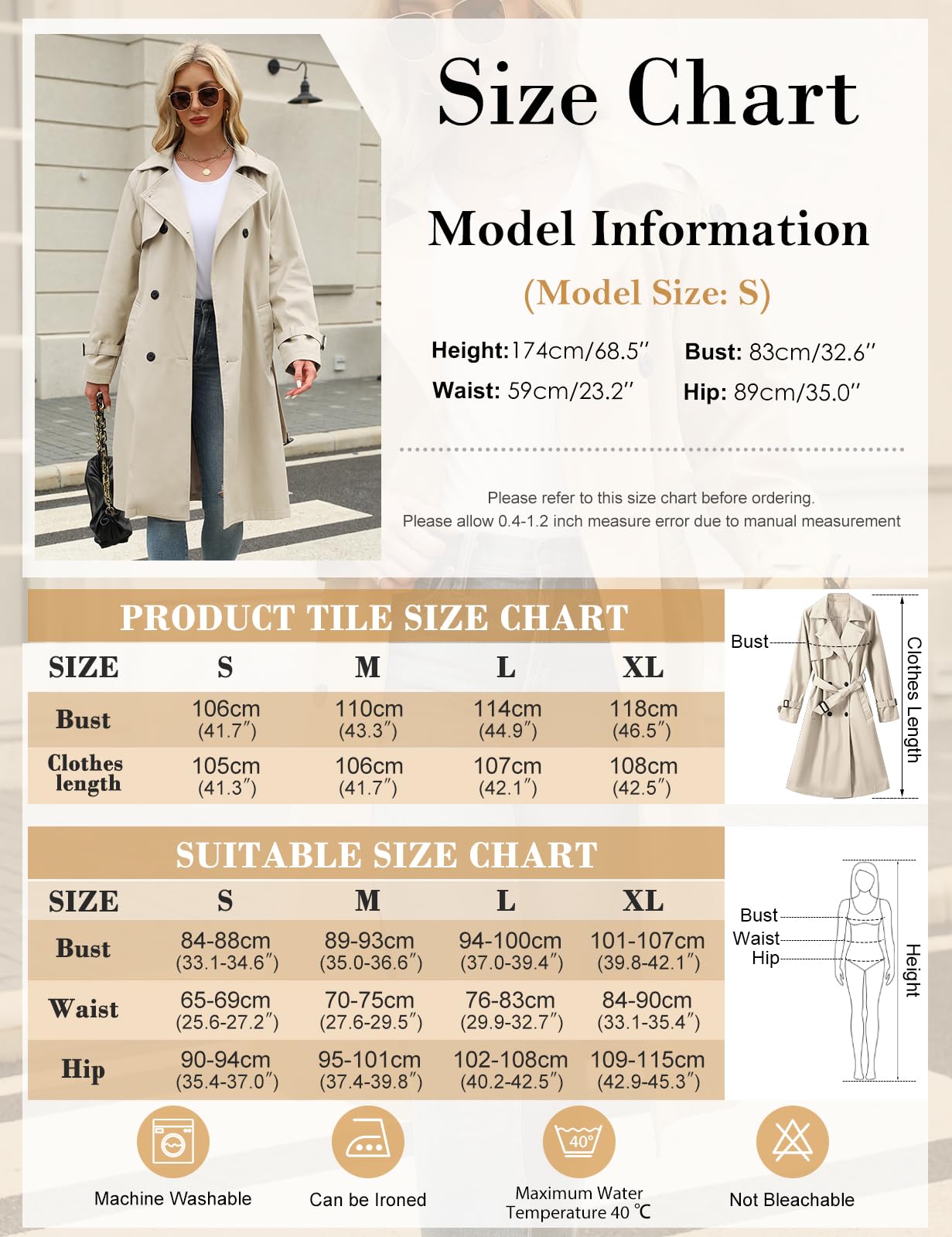 Vancavoo Trench Coat Femme Manteau Printemps Long Veste Blouson Classique Double Boutonnage Blazer Manteau Jacket Coat Automne Hiver Outwear