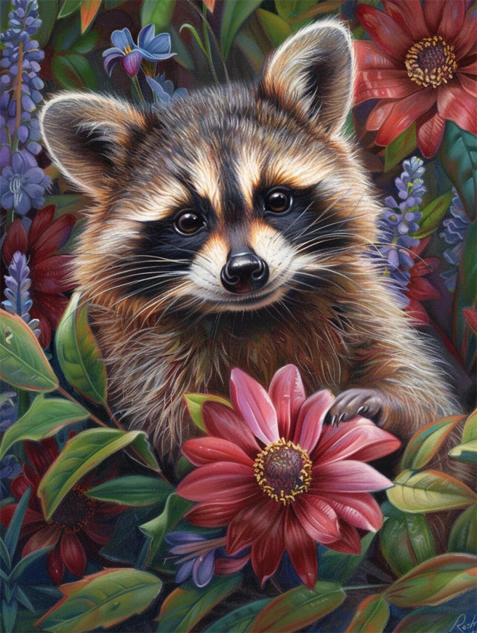 AMBATTERY Animal Tapestry Kit Raccoons and Flowers Latch Hook Rug Set Crochet Rugs Kit Cross Stitch Set DIY Crafts，Gifts，Doormat，Decoration Carpet Making Canvas 33x45in
