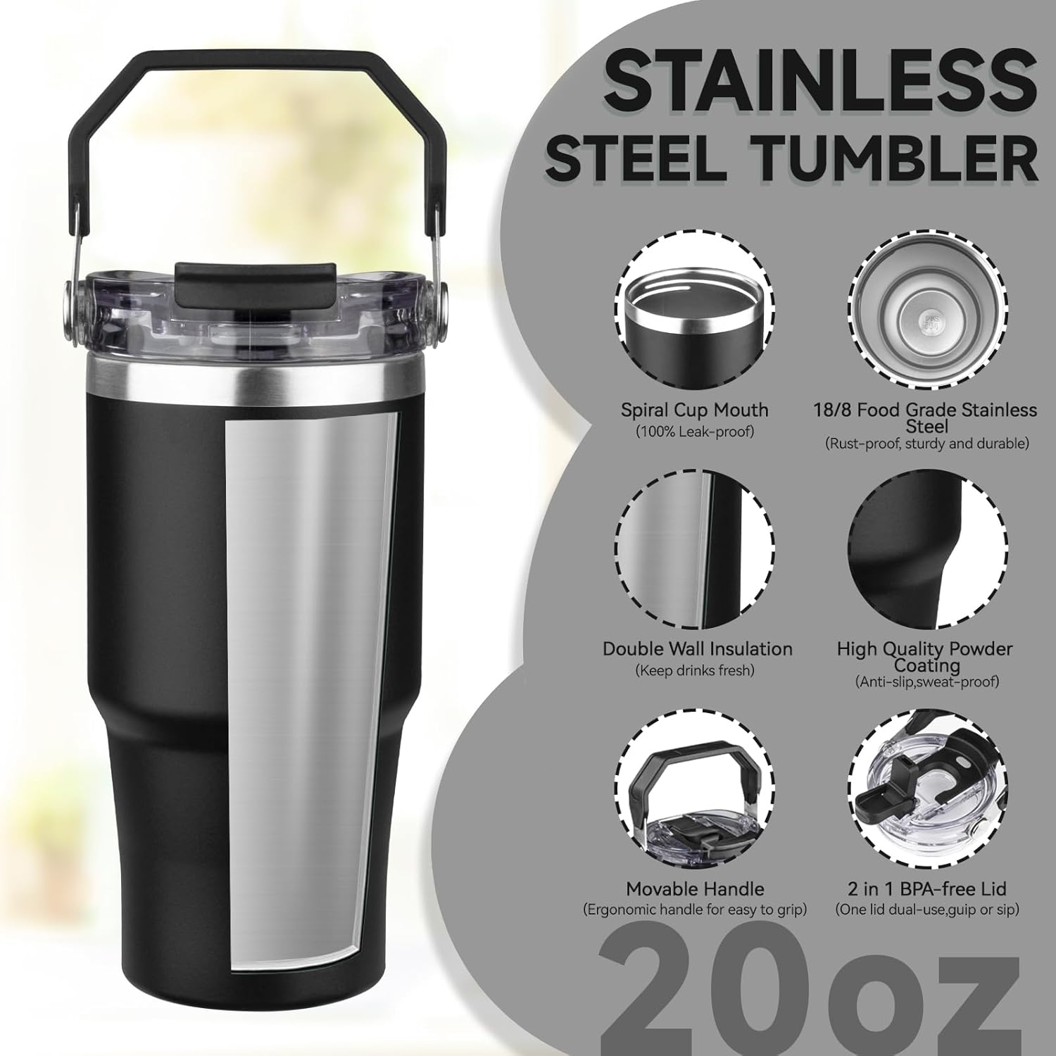 20oz Tumbler with Handle and Flip Straw Lid Double Wall Insulated Travel Coffee Mug Stainless Steel Vacuum Insulated Coffee Tumbler Cup for Hot and Cold Beverages,Leak-proof&BPA-free (20oz,Black) - Image 3