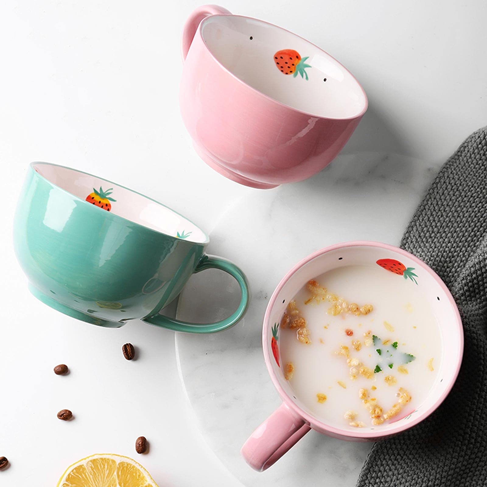 Keramik-Kaffeetasse Keramiktasse 15,2 Unzen / 450 ml große Kapazität Milch Haferflocken Schüssel Joghurtbecher Frühstückstasse rosa/grünes Kaffeetassen-Set