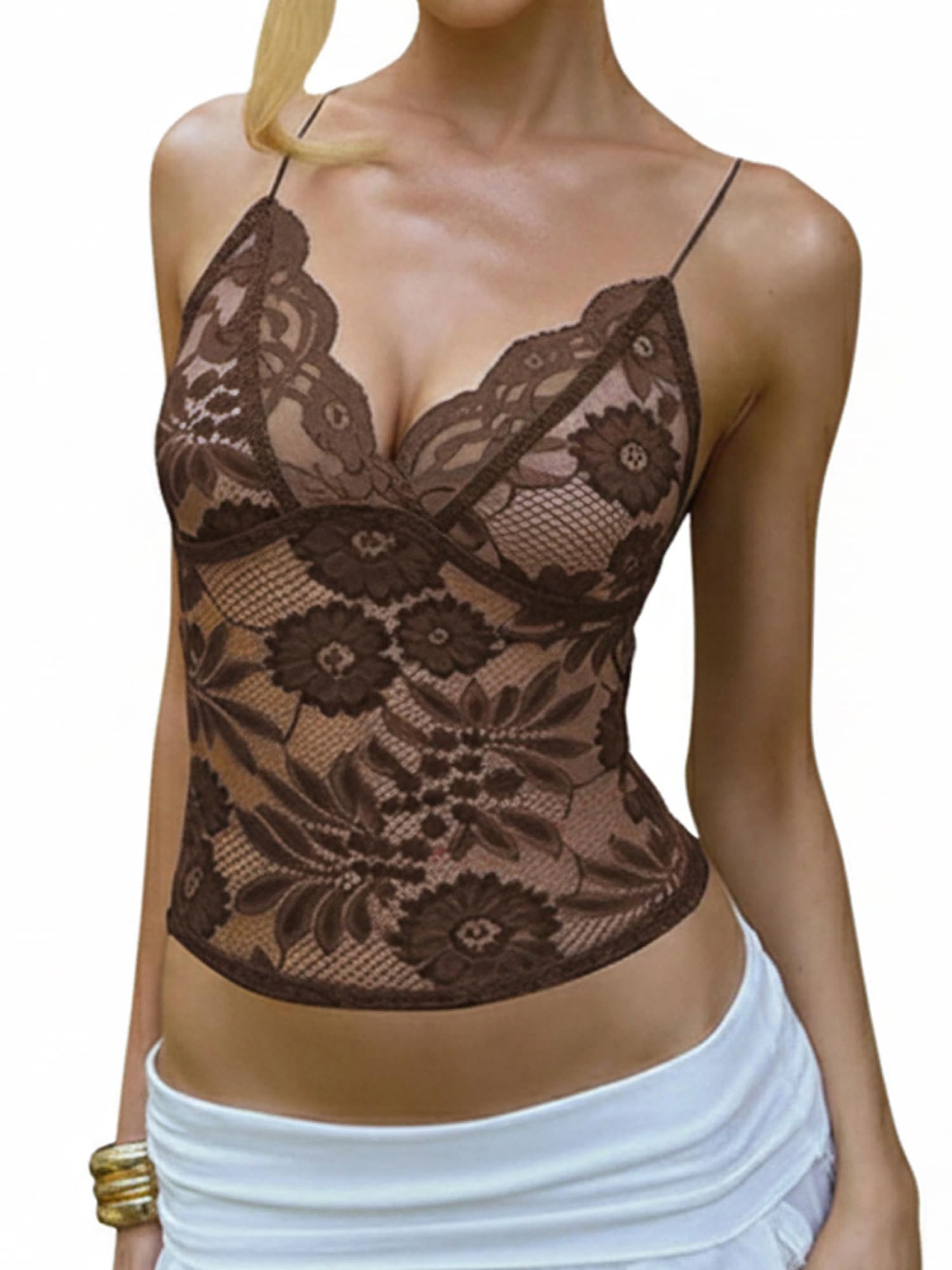 SANSIWU Women's Sheer Lace Cami Tops Sleeveless Spaghetti Strap Slim Fit Tank Top Floral Mesh See Through T-Shirts Sexy Camisole Vest (B-Coffee, S)