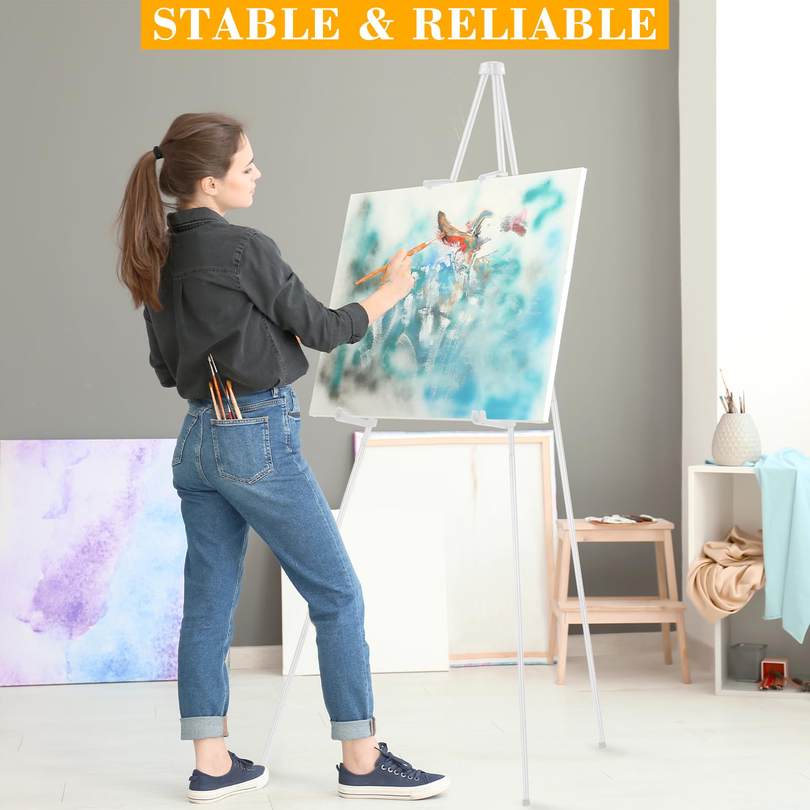 PUWOWYE Cavalletto telescopico per pittura artistica, 160 cm, regolabile, da tavolo, facile da piegare, per studio e eventi, bianco