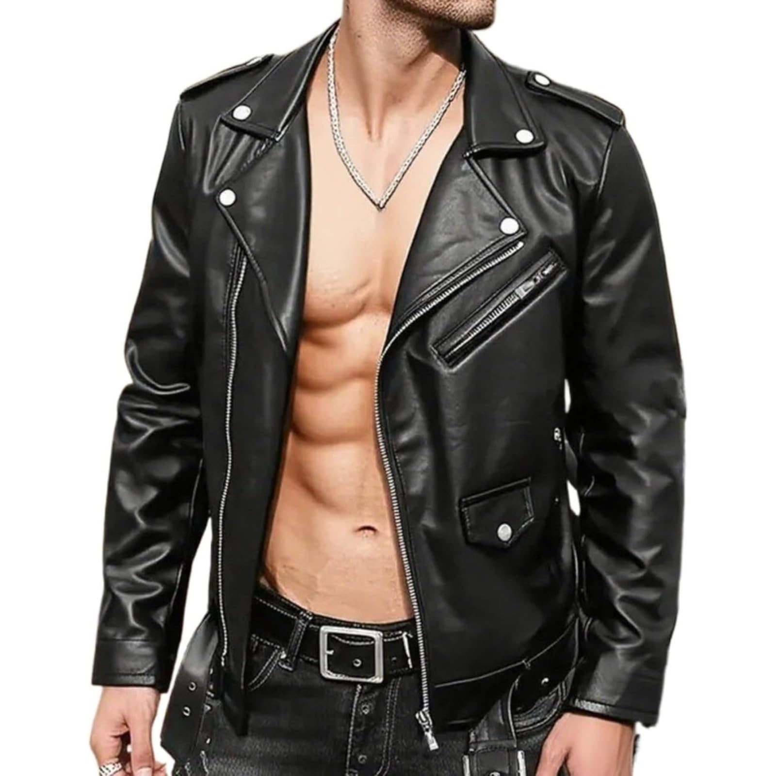 HALAMODO Mens Vintage Leather Jacket Thick Fleece Version Lapel Asymmetric Zip-Up Slim Fit Biker Coat Motorcycle Faux Leather Jackets (Black)