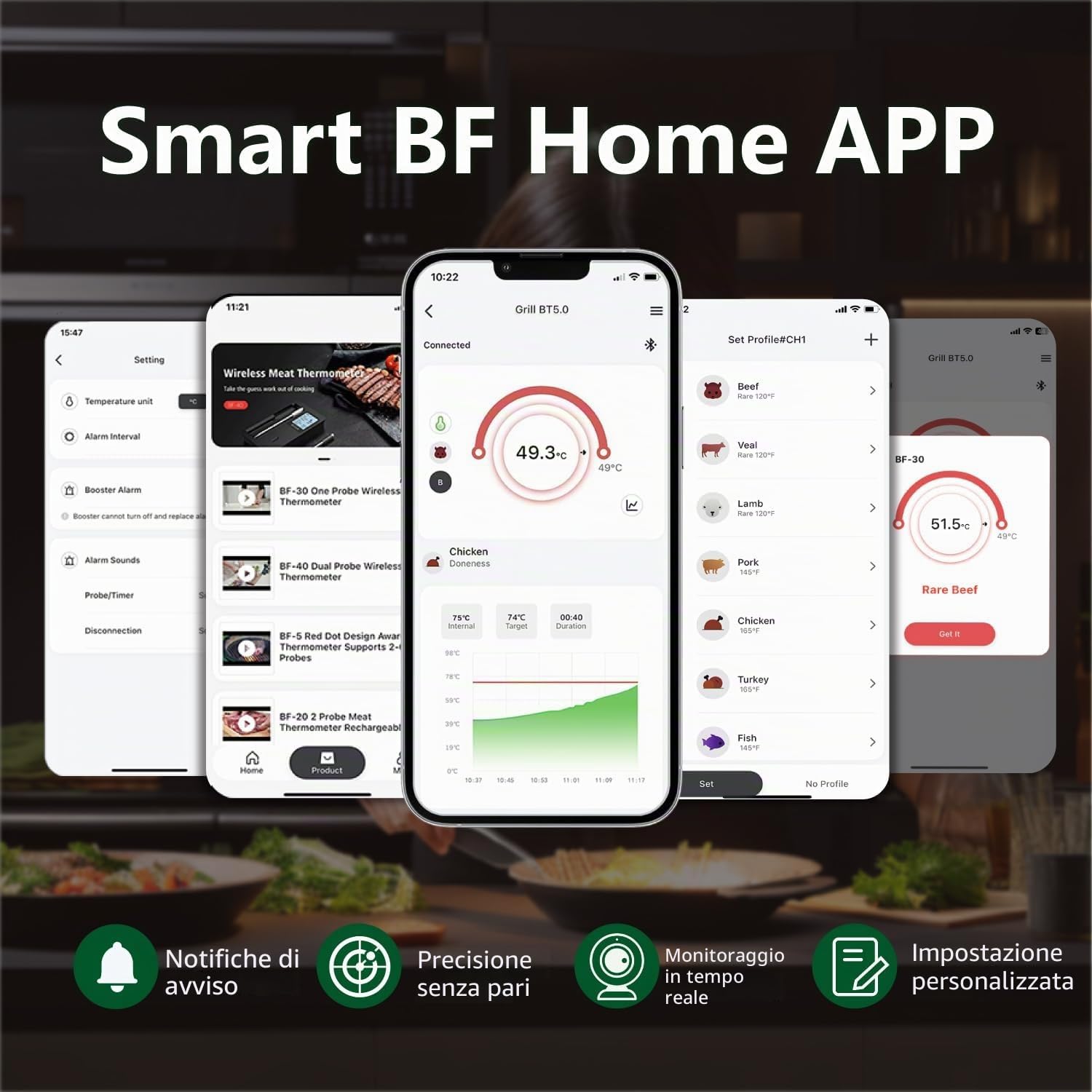 BFOUR Termometro wireless per carne, Bluetooth con app, misuratore di temperatura interna intelligente, grande display, termometro per arrosto IP67, impermeabile, controllo tramite app, per barbecue