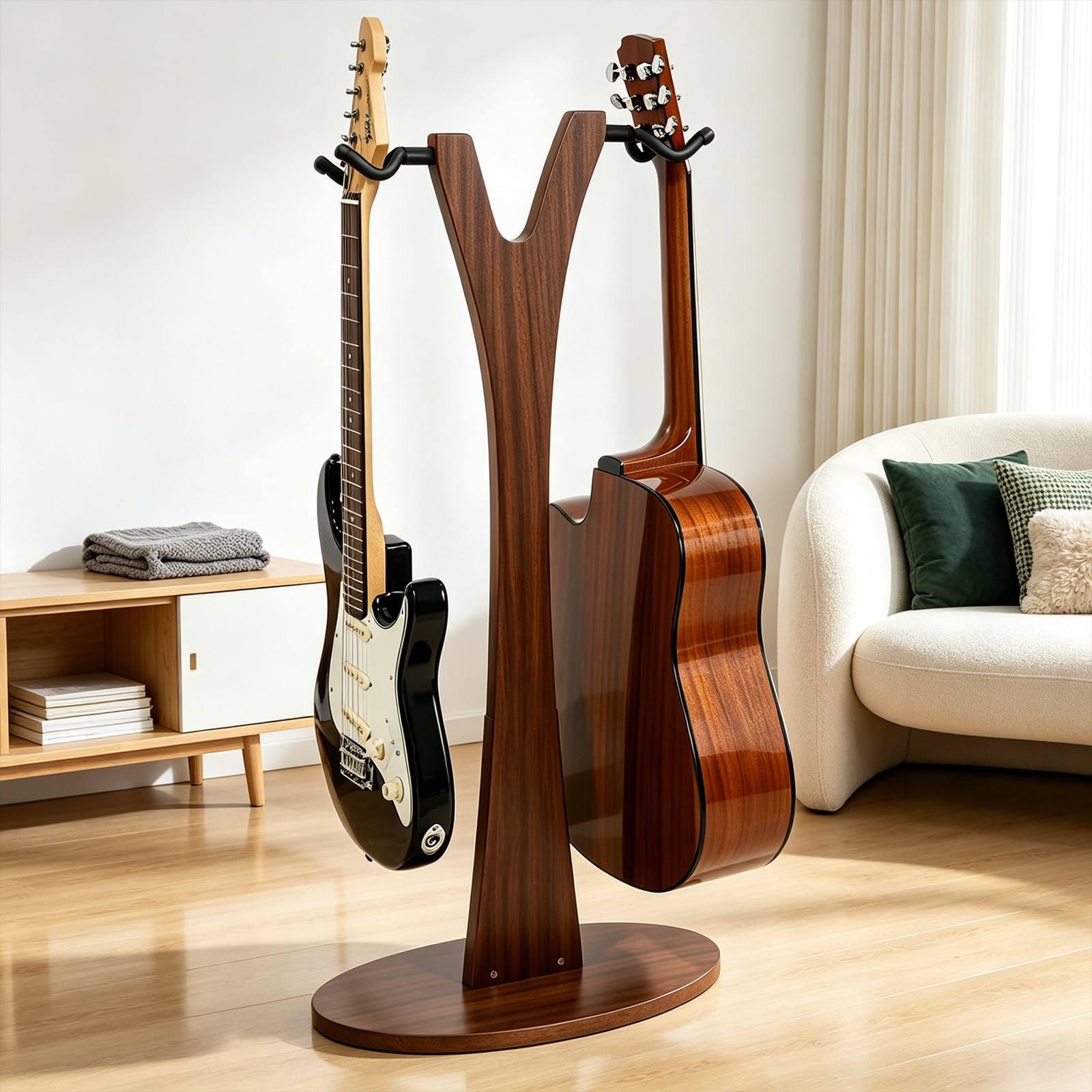 PUNK Soporte doble para guitarra, 2 soportes ajustables para guitarra, 2 soportes para guitarra eléctrica acústica, bajo, soporte de madera para múltiples guitarras, fácil de montar (nogal)