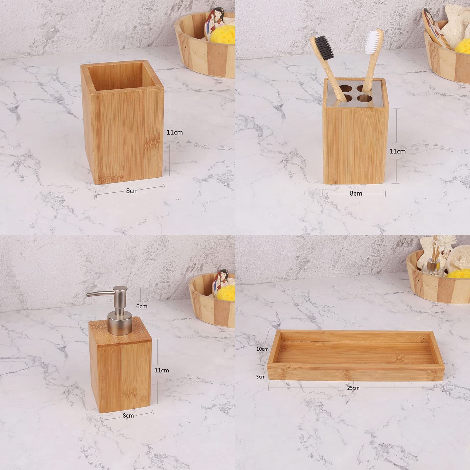 Juegos de Accesorios de Baño, Simple Madera Acesorios Cuartos de Baño 3 Piezas con Dispensador Jabon Baño Porta Cepillo de Dientes Bandeja, Multifuncional para Champú