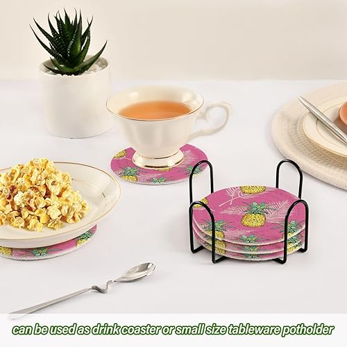 Miniatura 6 de Coasters Absorbent with Holder Set of 6 Drink Coasters for Tabletop Coffee Table Coasters Porta Vasos para Mesas Pink Tropical Pineapple