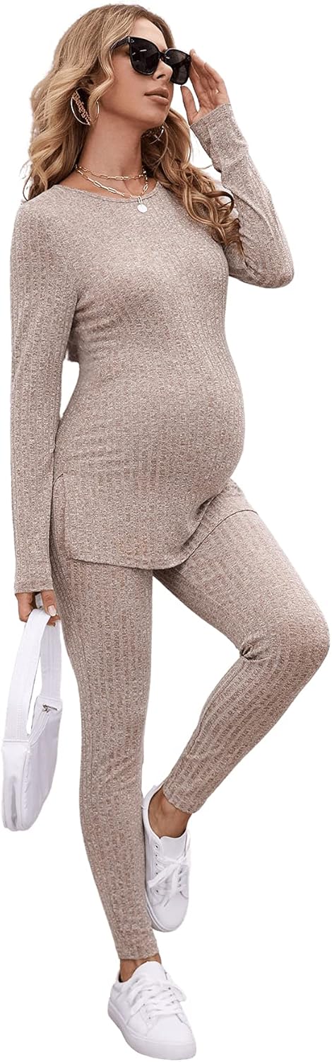 Floerns Women's Maternity 2 Piece Outfit Long Pants Leggings Split Hem Long Sleeve Tee Shirts Tops at  Women’s Clothing store