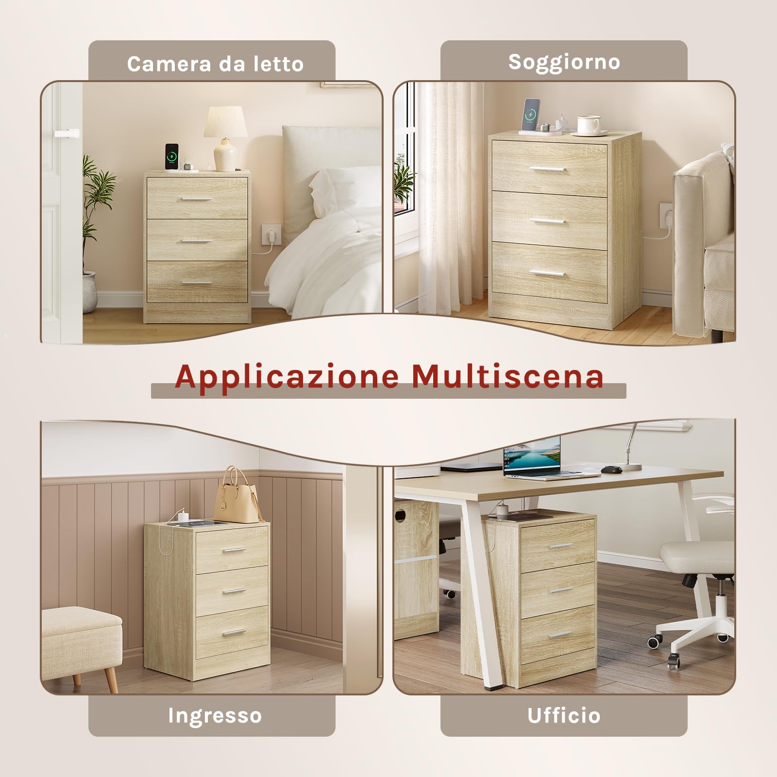 WOLTU Set di 2 Comodini, Comodini con Stazione di Ricarica, con 3 Cassetti, Rovere Chiaro, per Soggiorno Camera da Letto Studio, 39x28.5x54.5cm