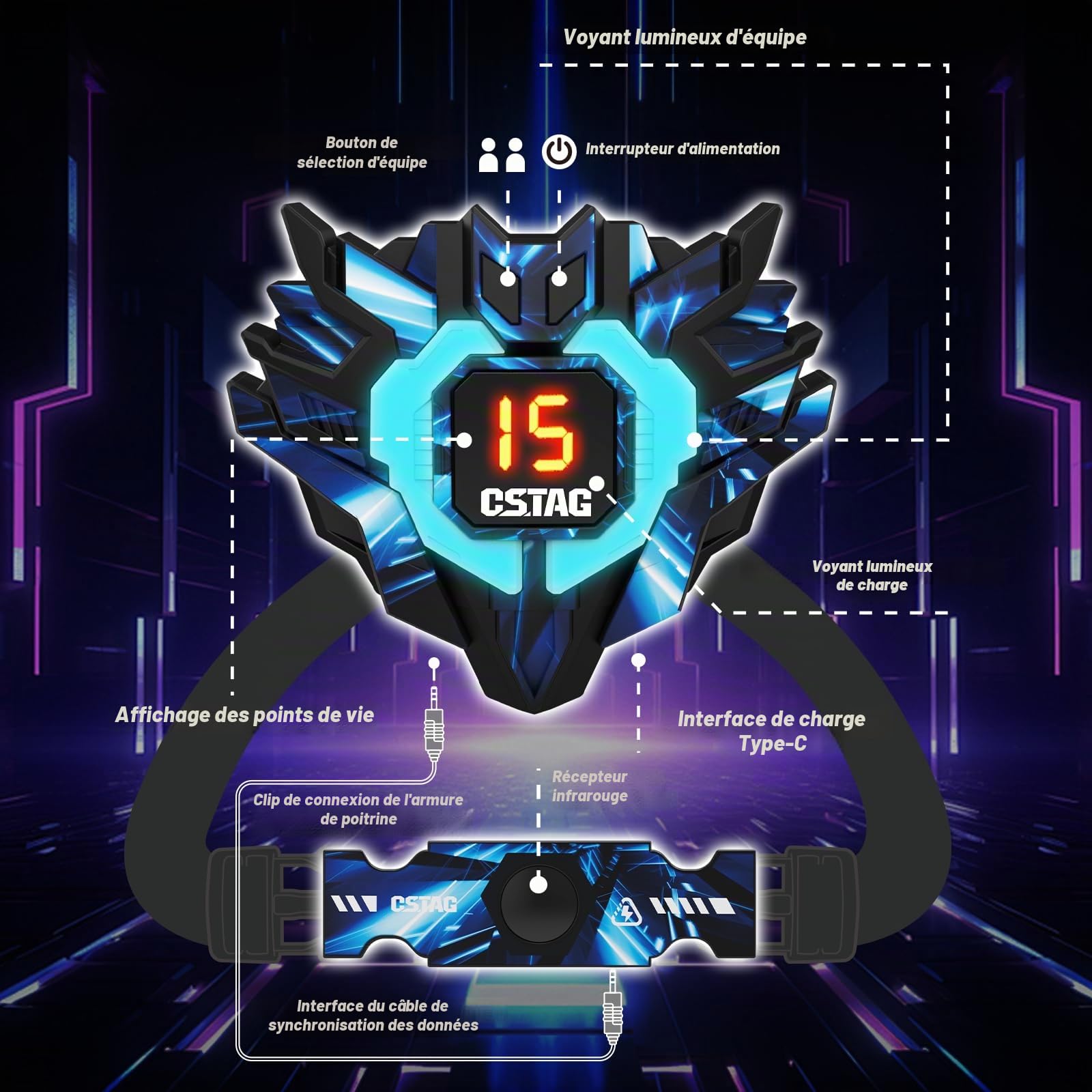 VATOS Ensemble de Laser Tag Rechargeable avec Capteurs 360° pour 4 Joueurs, Infrarouge 2,4 GHz Affichage de Données en Temps Réel, Jeu de Famille et de Groupe pour Enfants et Adolescents, Cadeau pour