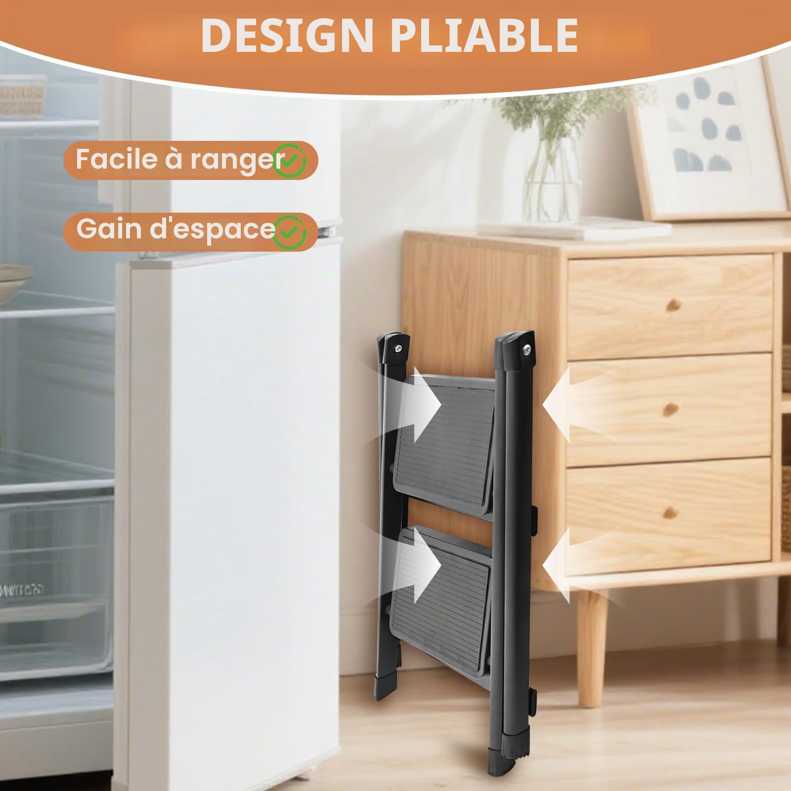 Escabeau 2 Marches, Portable Échelle Pliante Marchepied Antidérapant Charge Maximale 150 kg Acier Durable Léger Echelle Domestique Pliable pour Maison, Cuisine, Garage, Bureau