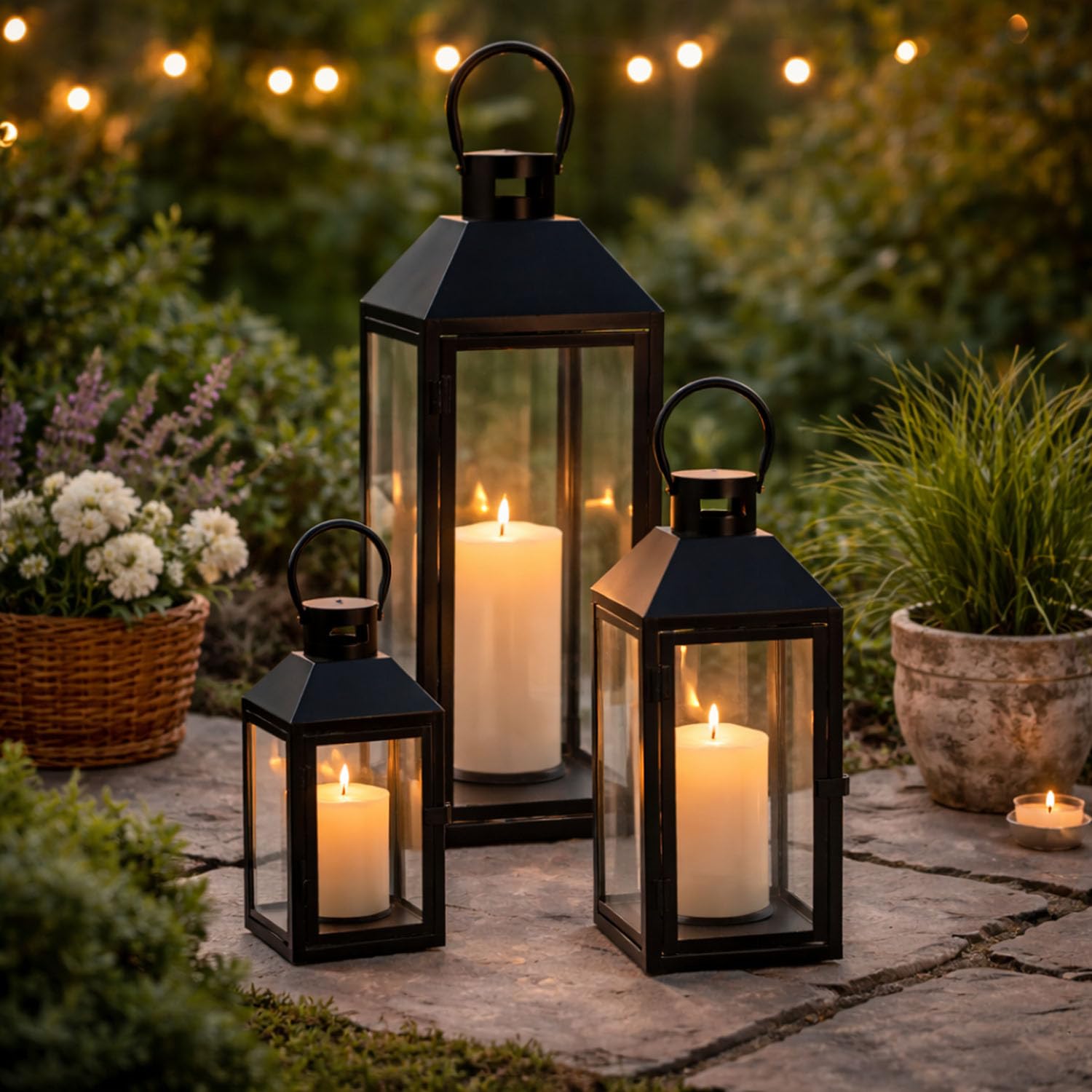 Mojawo 3er Set Gartenlaterne Windlicht Laterne Laternen Metalllaterne Set Dekoration Außen Metall Schwarz H23/39/49cm