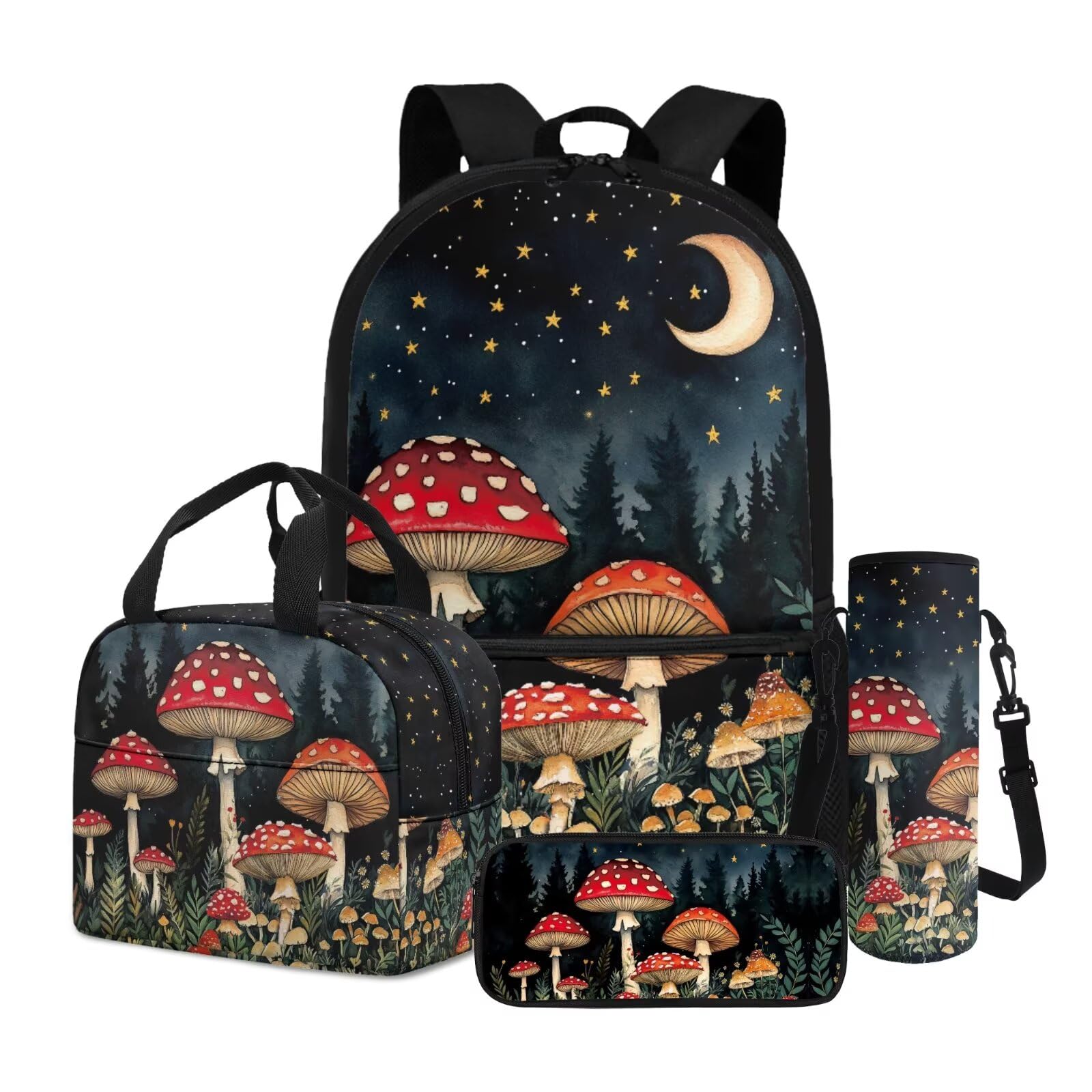 Zestaw plecaków dla dzieci, 4 szt., torba na książki z izolowaną torbą na lunch, piórnik, pokrowiec na butelkę wody, Mushroom Moonlight