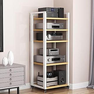 Modern Media Storage Cabinet 5/6/7/8 Tier – Audio Video Stand for Record Player, AV Rack for Home Entertainment, Stereo Components Organizer, Natural Finish, Space-Saving Design