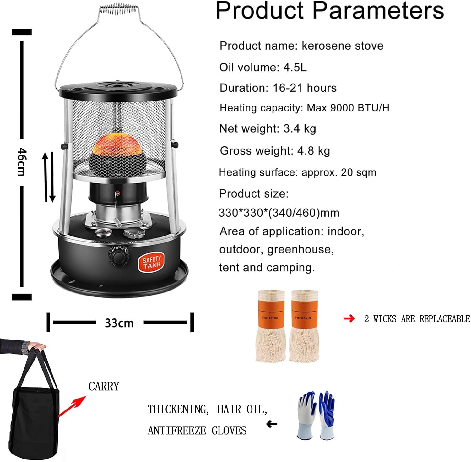 Portable Kerosene Heater Stove,Non Electric Heaters for Indoor Outdoor,4.5L Kerosene Stove Heater Camping Heaters,Adjustable Firepower,for Office Room Desk Tents Home Cam