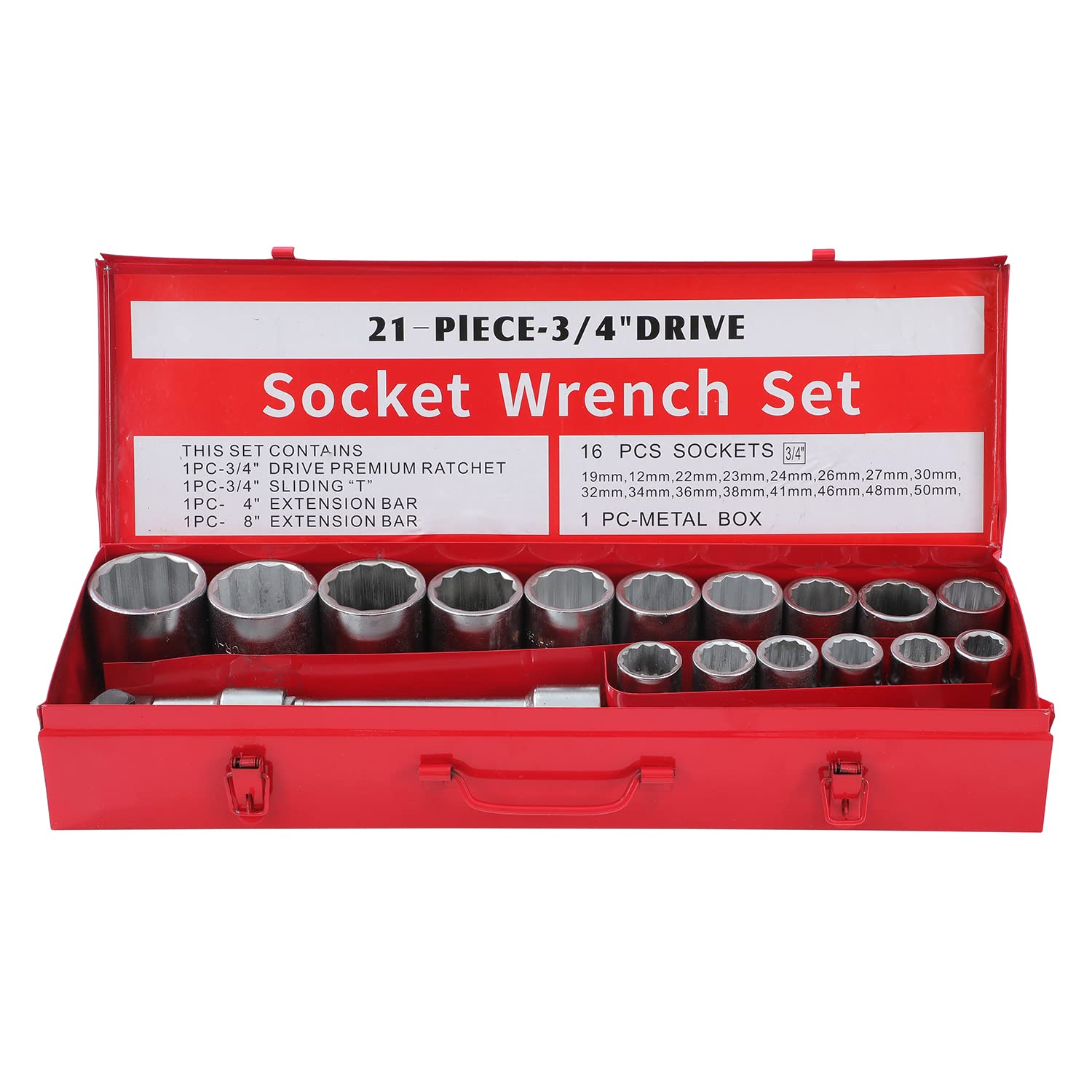 KATSU Set di Chiavi a Bussola 3/4" 21 Pezzi, 19-50mm Metrico a 12 Punte con Chiave a Cricchetto a 24 Denti in Custodia d'Acciaio, Attrezzi Meccanici Riparazione Automatica (Budget)
