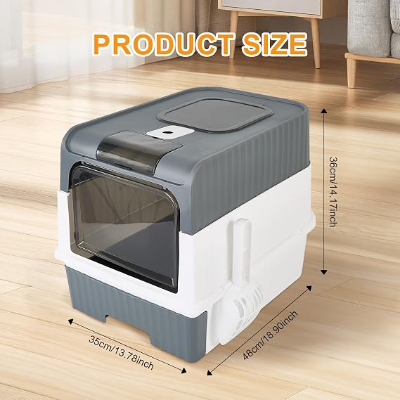 Cat Litter Box with Scoop, Large Foldable Litter Box with Lid, Front Entry Top Exit Kitty Box, Odor Control, Easy to Clean (Grey)