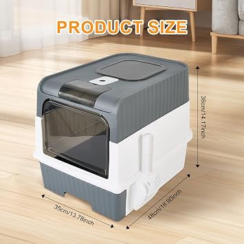 Cat Litter Box with Scoop, Large Foldable Litter Box with Lid, Front Entry Top Exit Kitty Box, Odor Control, Easy to Clean (Grey)