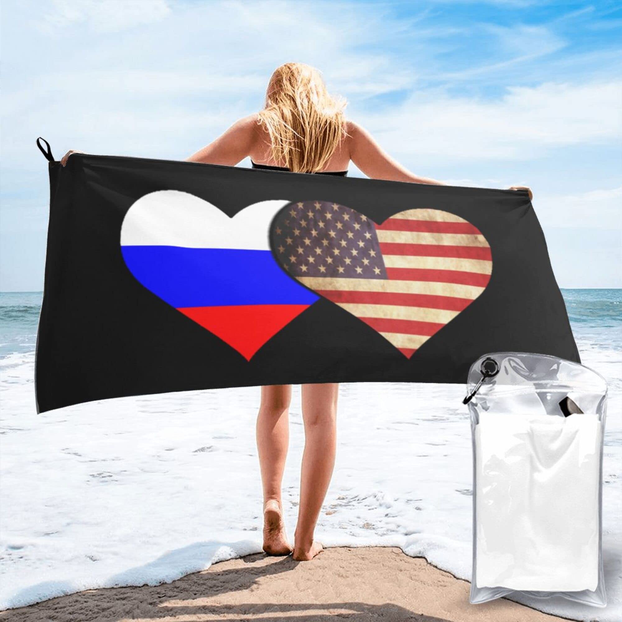 Lsjuee Russian Flag and American Flag Microfiber Beach Towel-Quick Dry Oversized Towels Blanket for Travel Pool Camping