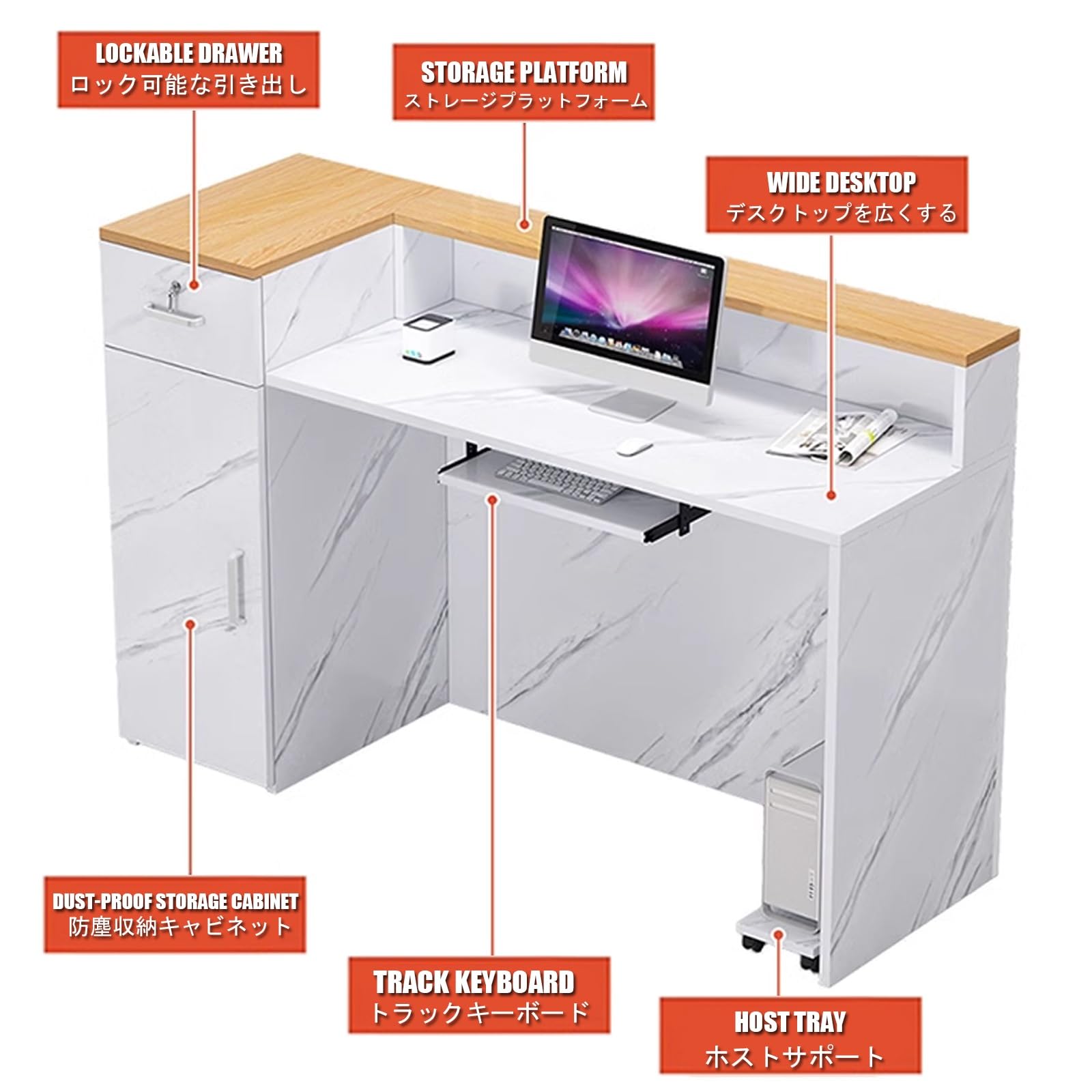 Moderno banco reception con gestione dei cavi, banco cassa di vendita al dettaglio, elegante tavolo da ufficio per sala bar, salone di bellezza, 140 cm