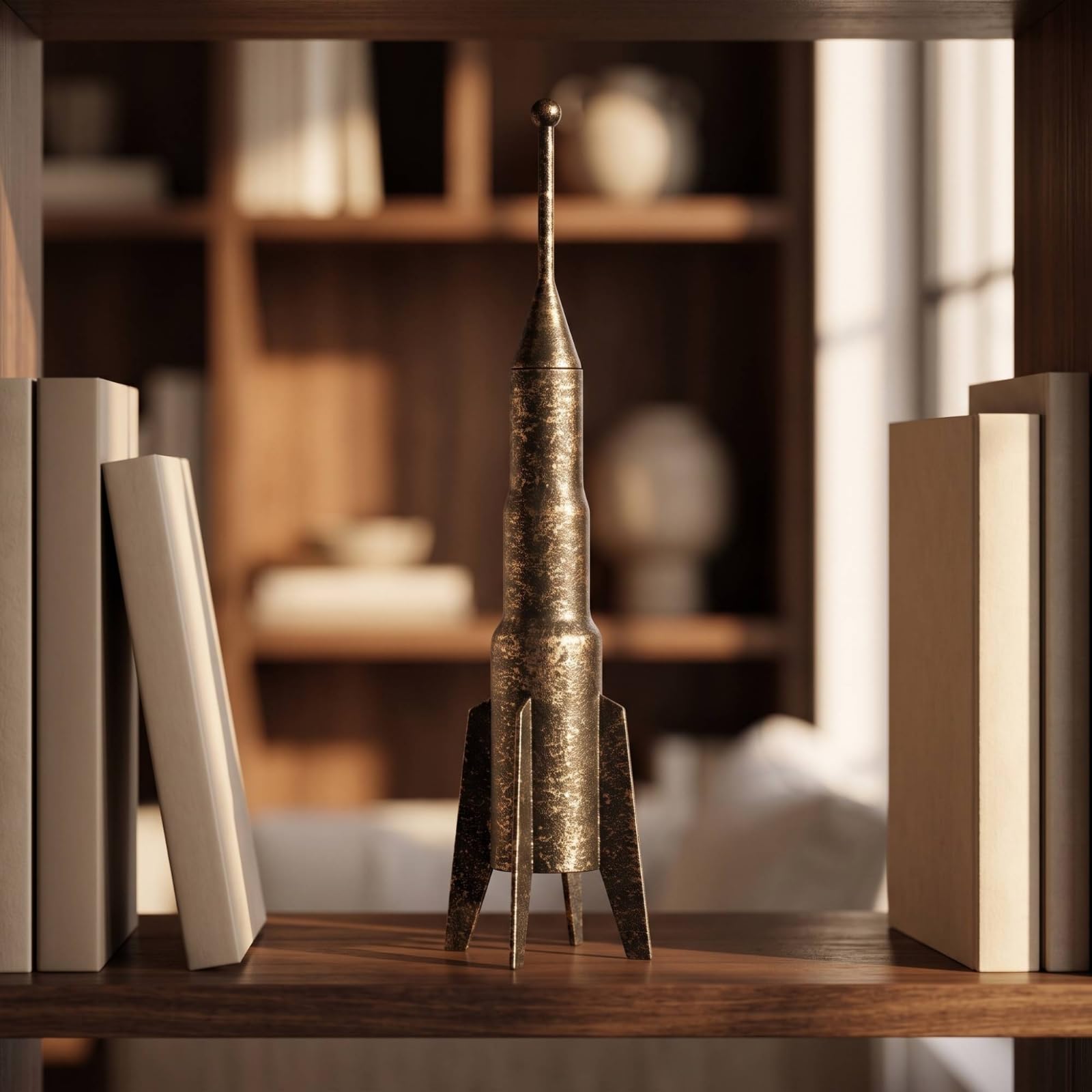 Figurina Spaziale per Bambini Statuetta Astronave Mini Decorazione Modello da Appoggio in Metallo Stile d'Epoca con Punta Affusolata E Asta Antenna, 90 90 350mm