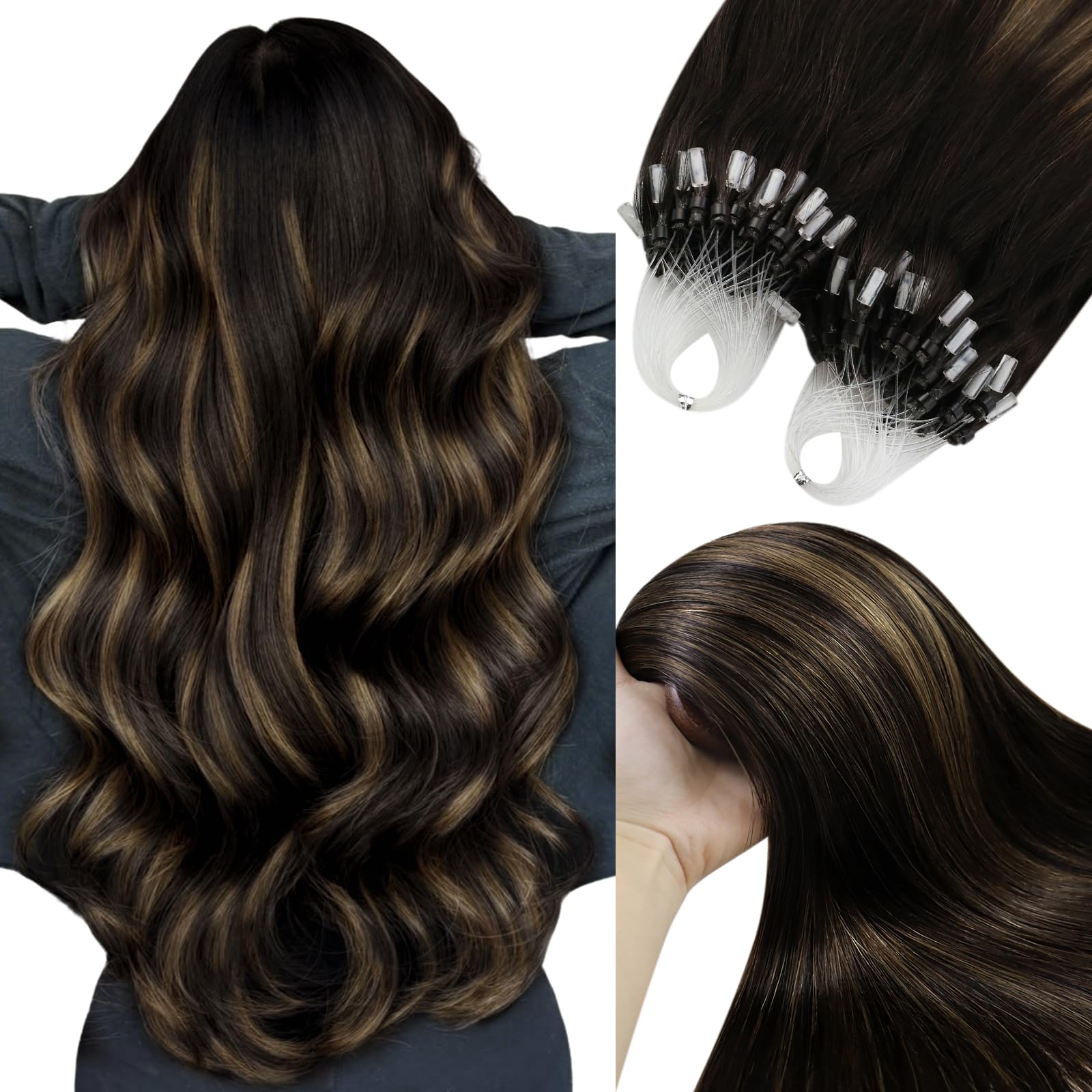 Micro Beads Hair Extensions Brown Microloop Hair Extensions Real Human Hair Dark Brown Ombre Medium Brown Add Volume Cold Fusion Natural Looking for Daily Wear Lightweight Soft 14Inch 50s 50g