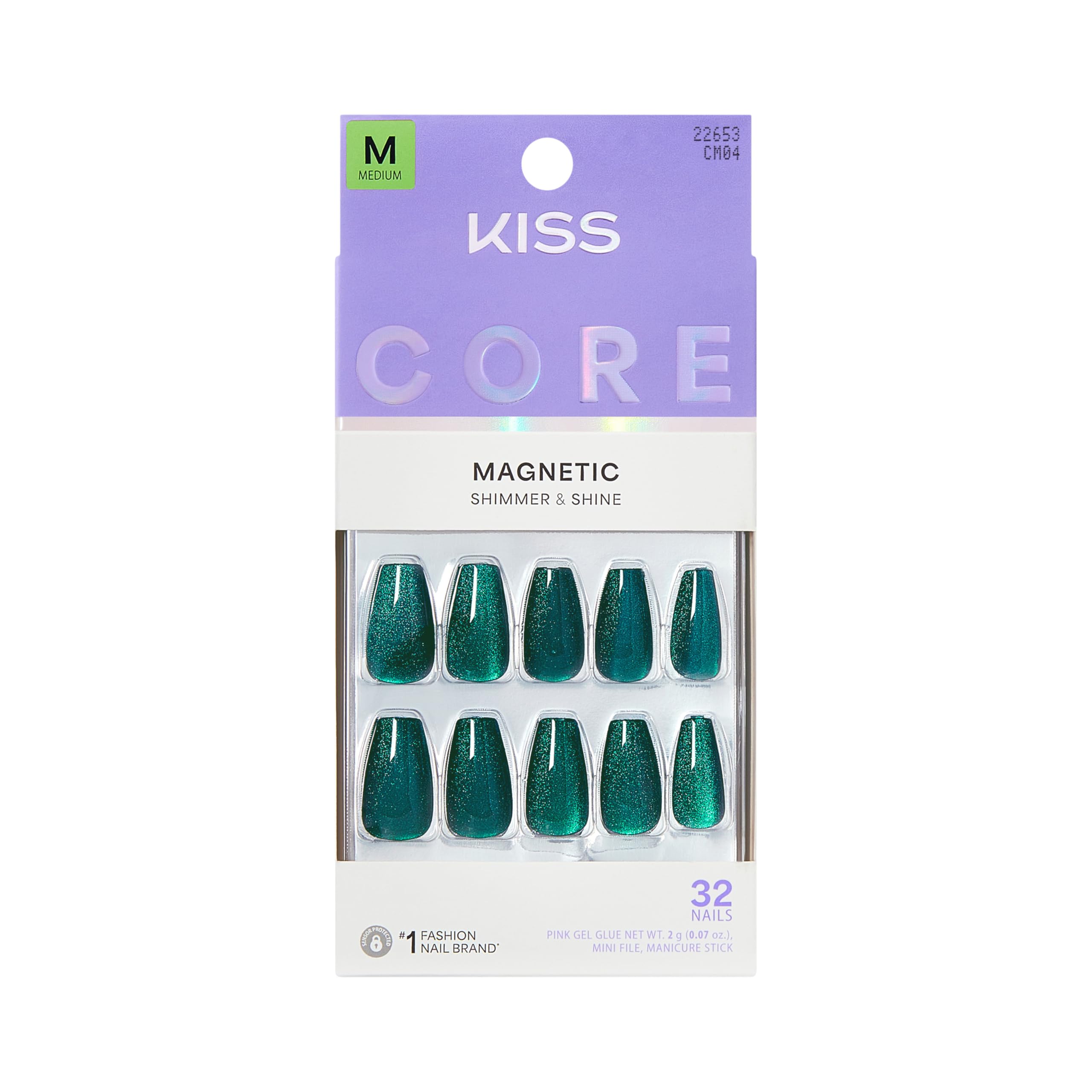 KISS CORE Magnetic Press On Nails, ‘Shimmering’, Green, Medium Coffin, 32 Count