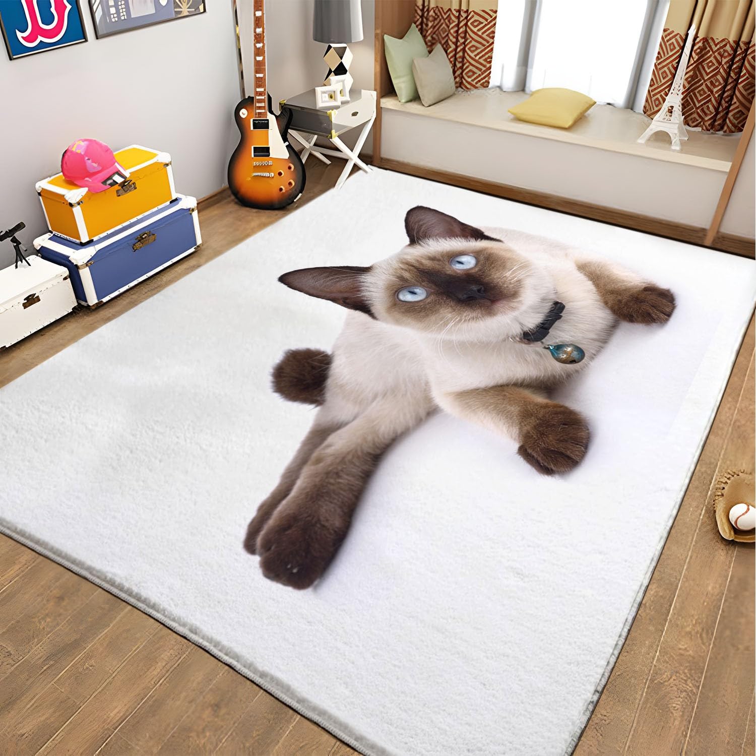 Weiß Waschbarer Teppich Siamkatze als Haustier Teppich Wohnzimmer 120x170 Teppich Kurzflor Modern Teppich Schlafzimmer Teppich Groß Weiche rutschfest Waschbarer Teppich