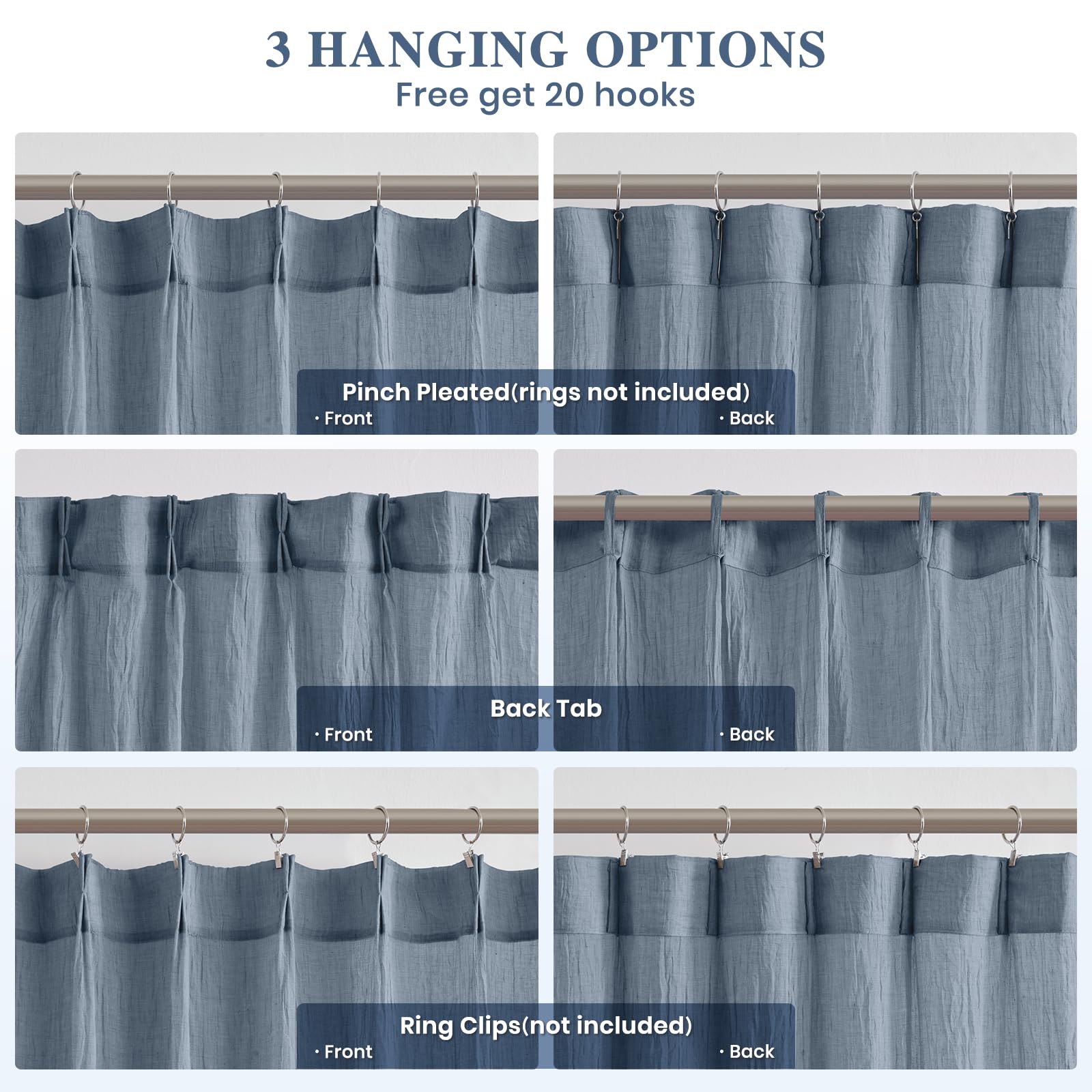 Melodieux Cortinas traslúcidas de algodón texturizadas para Cocina, pestañas traseras y pellizco, Cortinas Plisadas con Ganchos, Cortinas filtrantes de luz con diseño de Arrugas, 2 Paneles, 40 x 63