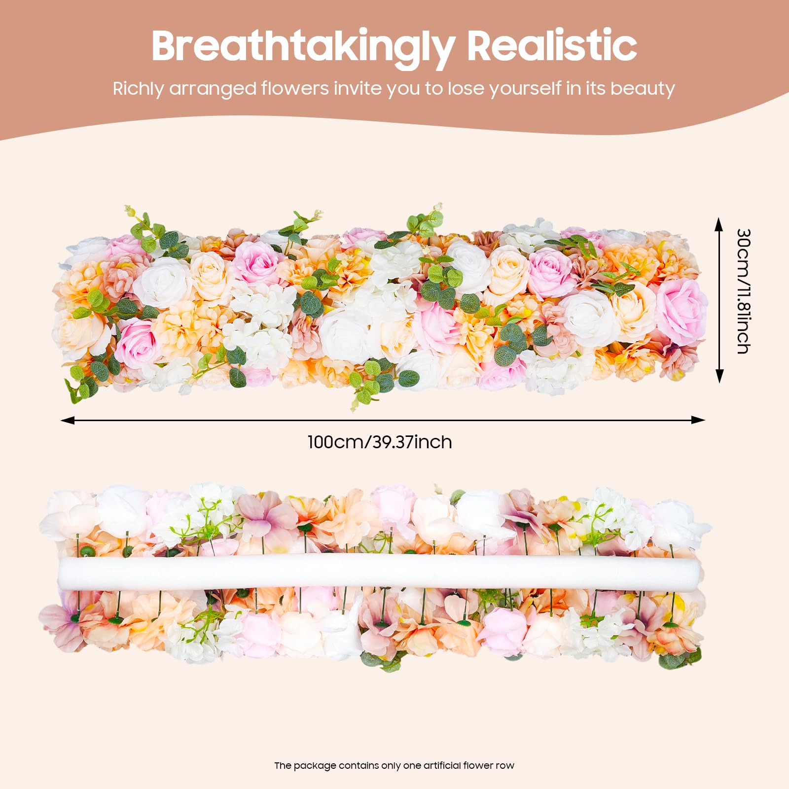 Flores artificiales de pared de 100 cm, 3D de flores artificiales de seda, fácil de limpiar, decoración de pared para balcón, jardín, boda, fiesta, sala de estar