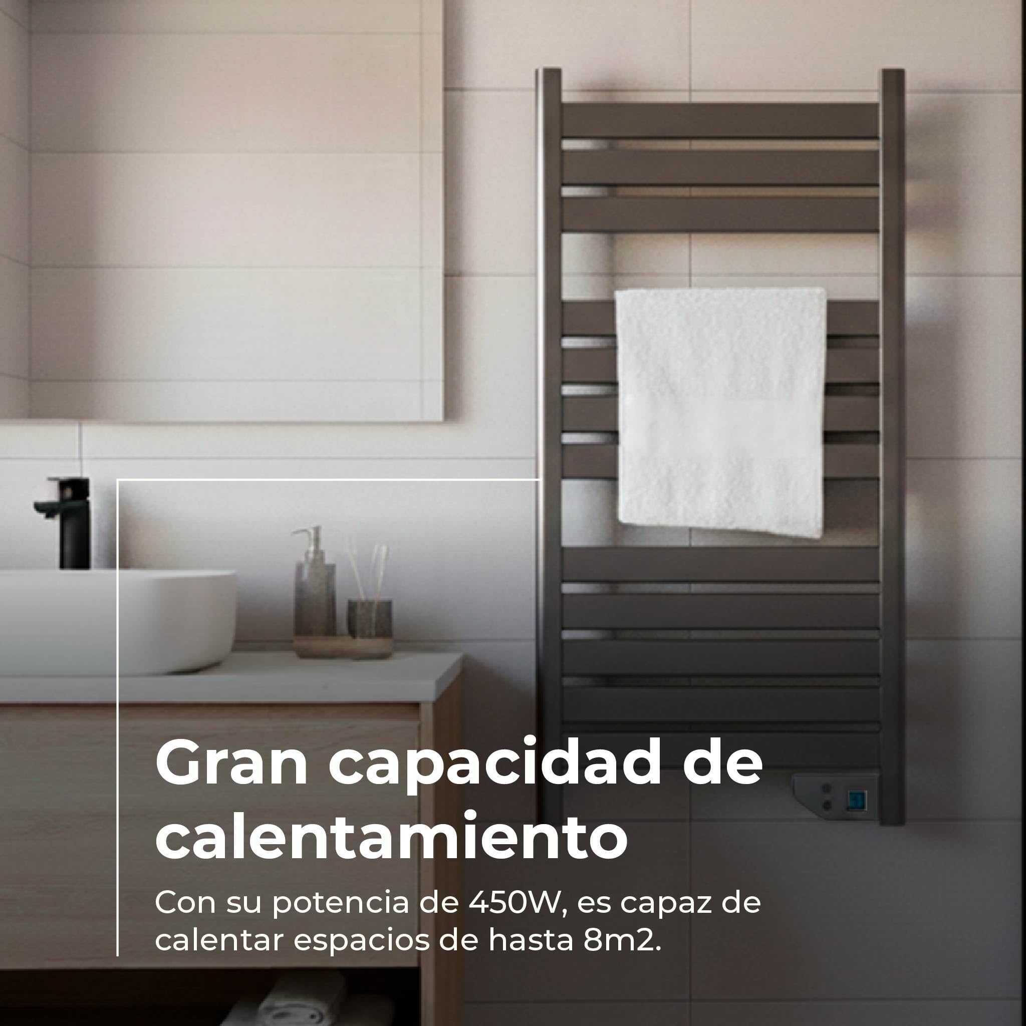 EVVO Toallero Eléctrico C500 Acero, 450W, hasta 8 m2, Bajo Consumo, Silencioso, Seguridad Sobrecalentamiento, Incluye Kit de Instalación, Antisalpicaduras, Temporizador 2 Horas (Acero)