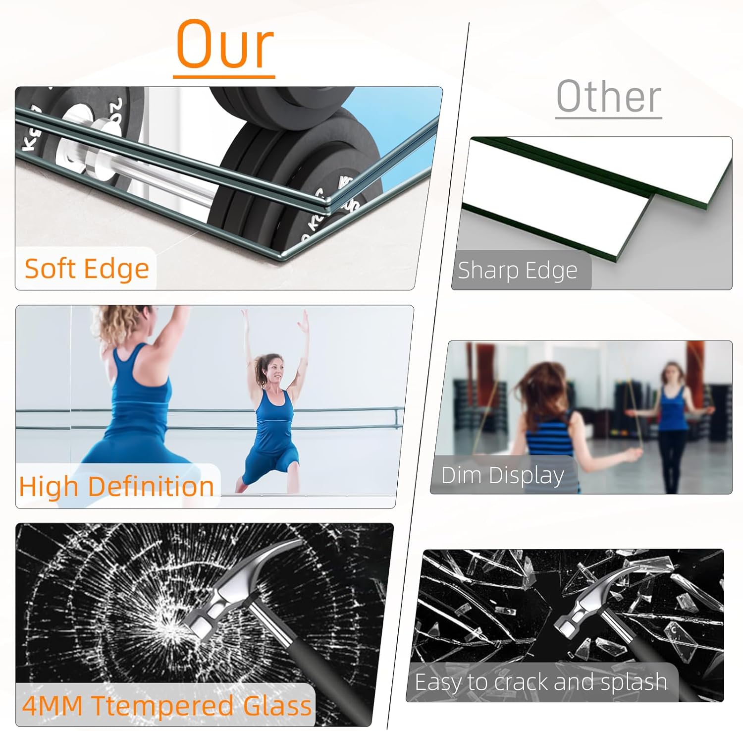 pertetey Home Gym Mirror, 2Pack 67X24 Inch Frameless Large Tempered Glass Wall Mounted Full Mirror for Gym, Yoga Studio, Dancing Studio