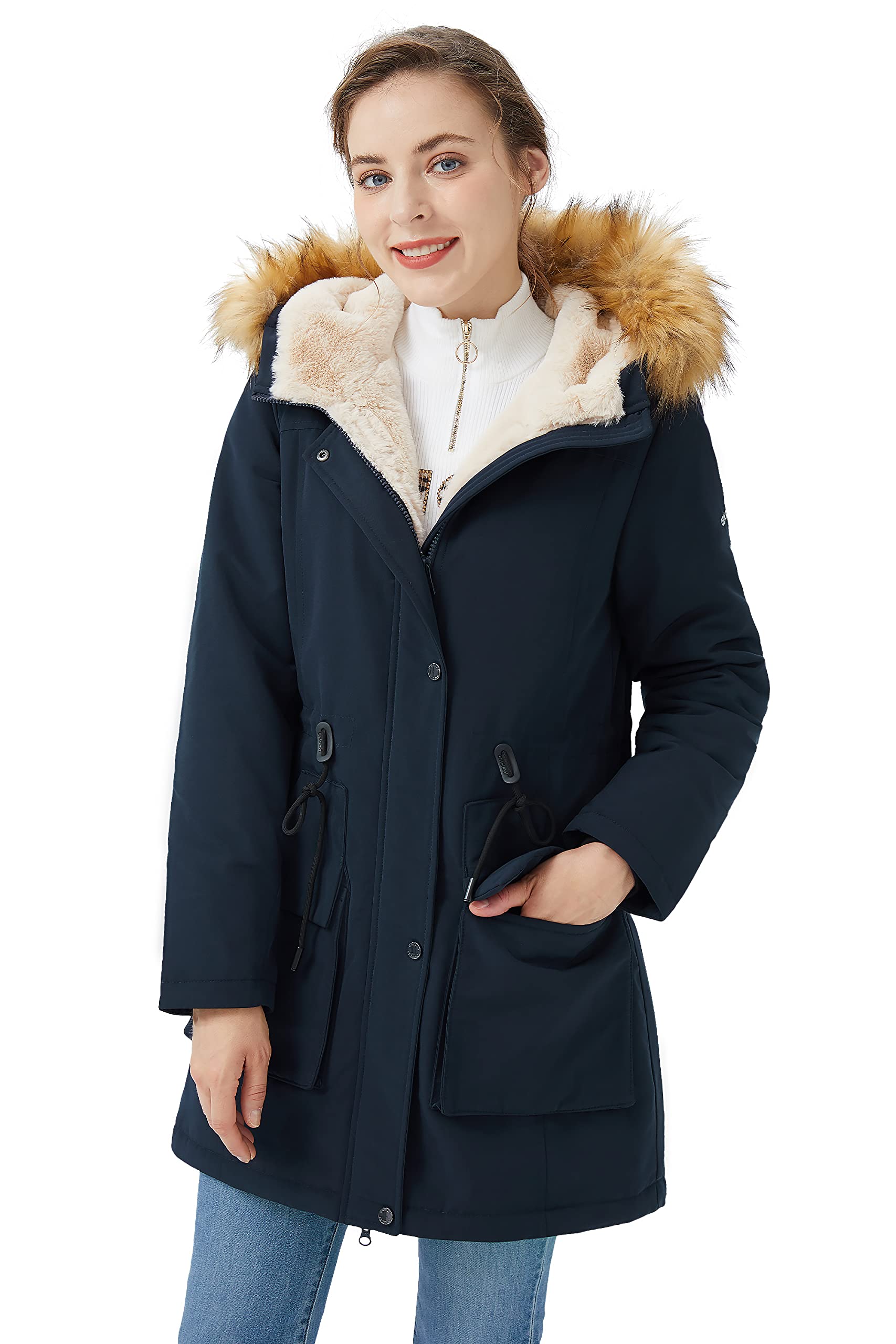Orolay Damen-Parka mit Dickem Fleece-Futter Wintermantel Kapuzenjacke und Abnehmbarem Pelzkragen Dunkler Saphir XXL