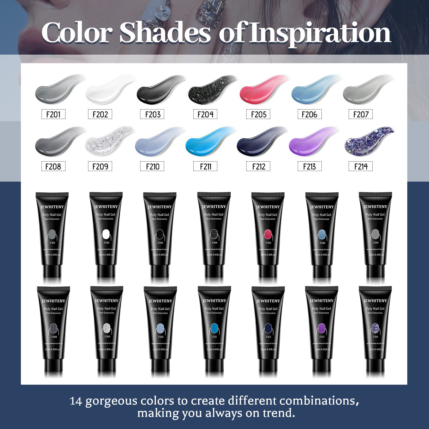 JEWHITENY 14pcs Poly Nail Extension Gel Kit Nude Grey Black Blue Purple Glitter Poly Gel Nail Kit With UV Light Starter Kit All In One Kit With Base Top Coat Beginner DIY at Home