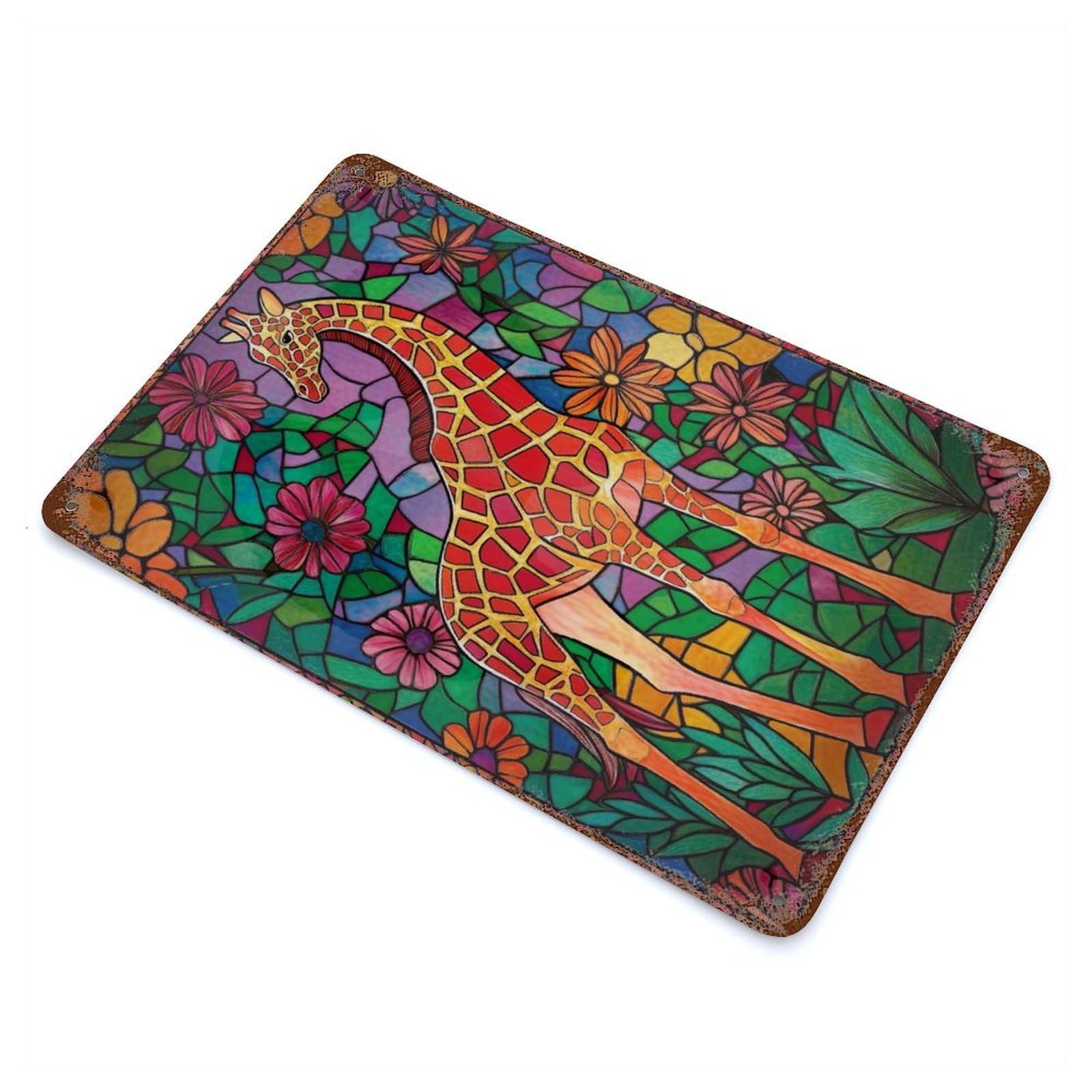 Garage Style Giraffe in Floral Mosaic Rustic Tin Plaque 11.8"x7.9", Industrial Home Decor for Bar And Workshop